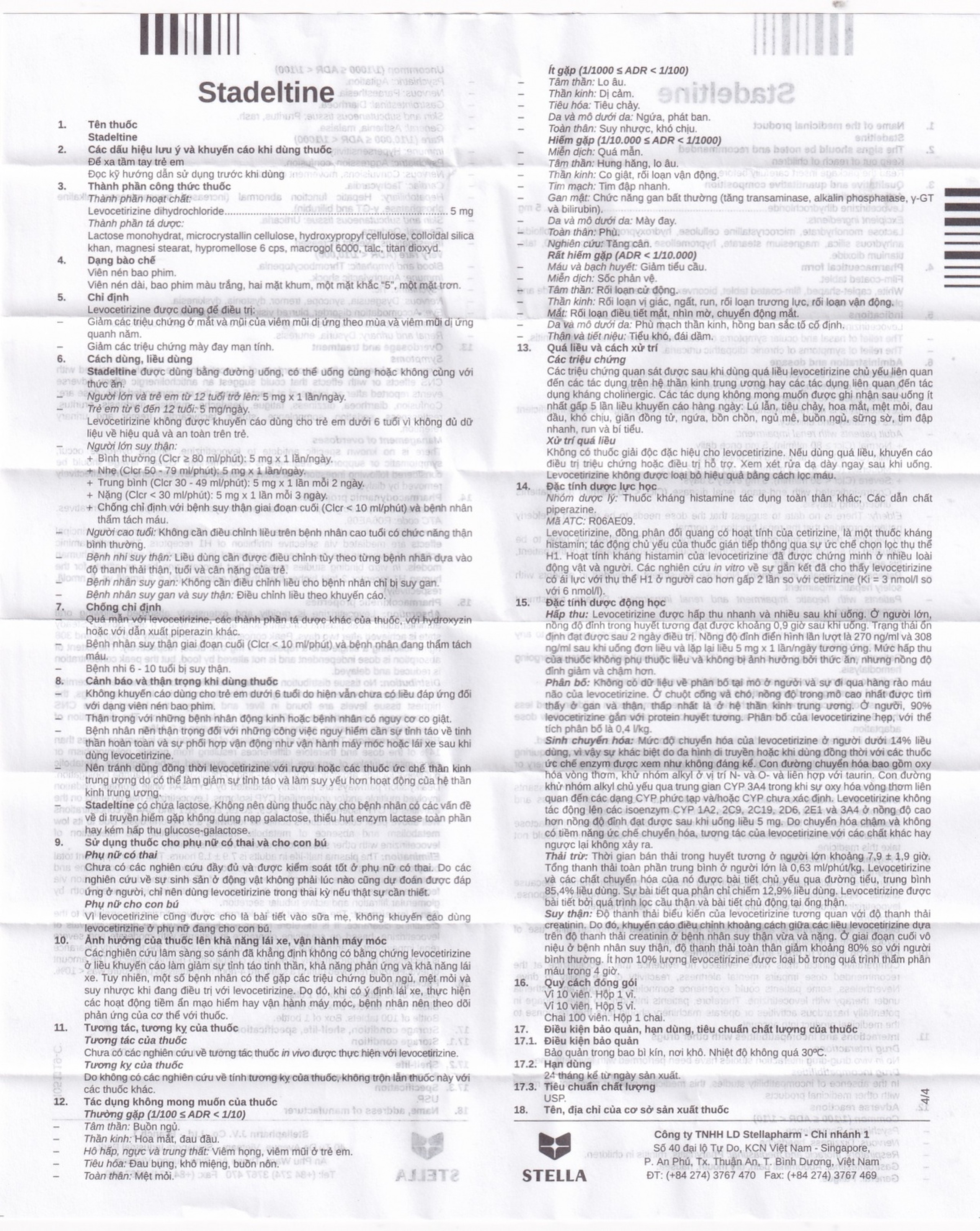 Thuốc Stadeltine 5mg Stella giảm các triệu chứng ở mắt và mũi ( 5 vỉ x 10 viên)