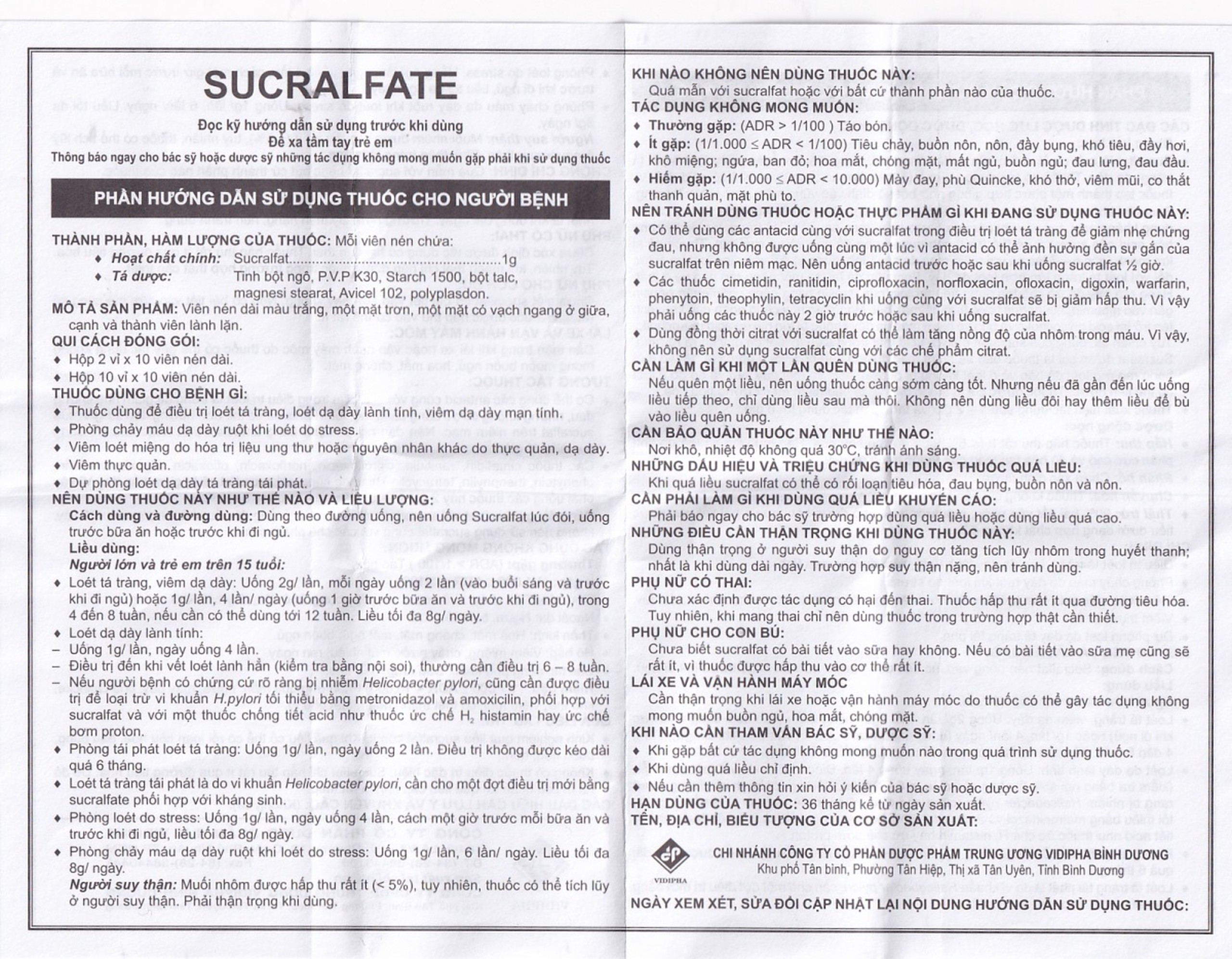 Thuốc Sucralfate Vidipha điều trị loét tá tràng - dạ dày (2 vỉ x 10 viên)