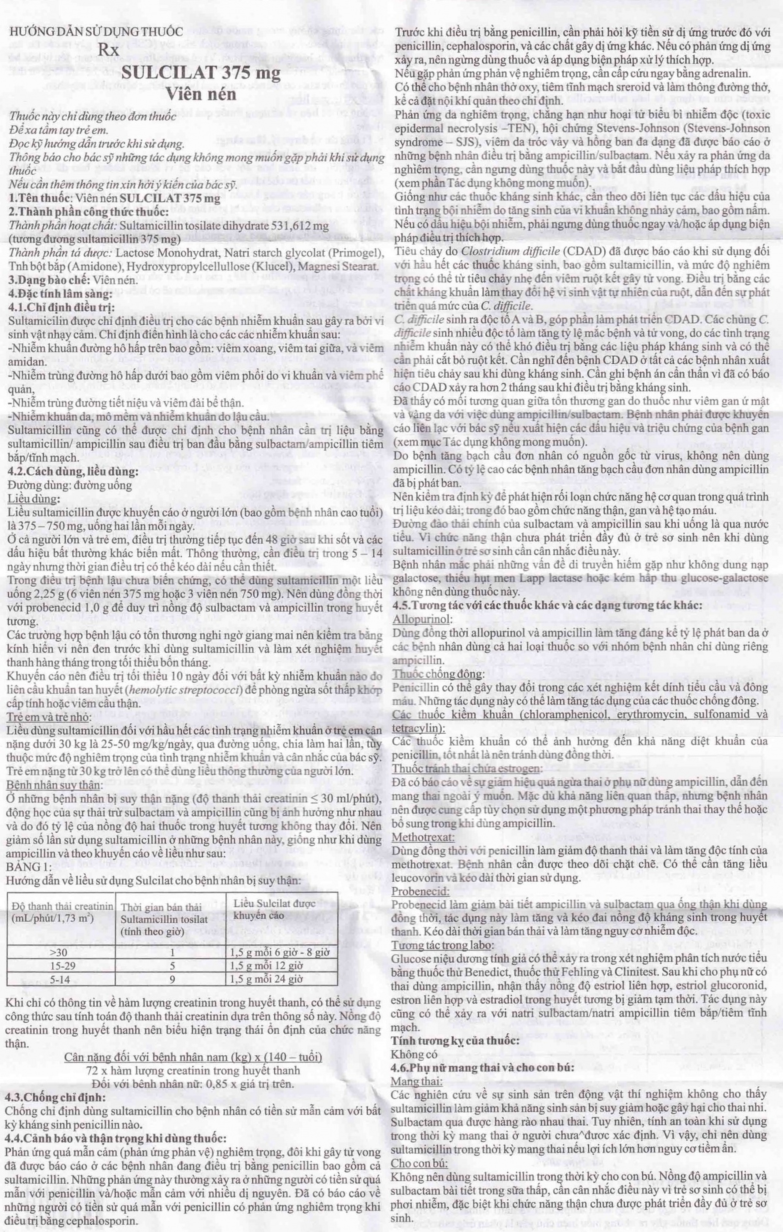 Thuốc Sulcilat Tablet 375mg Atabay điều trị các bệnh nhiễm khuẩn hô hấp (1 vỉ x 10 viên)