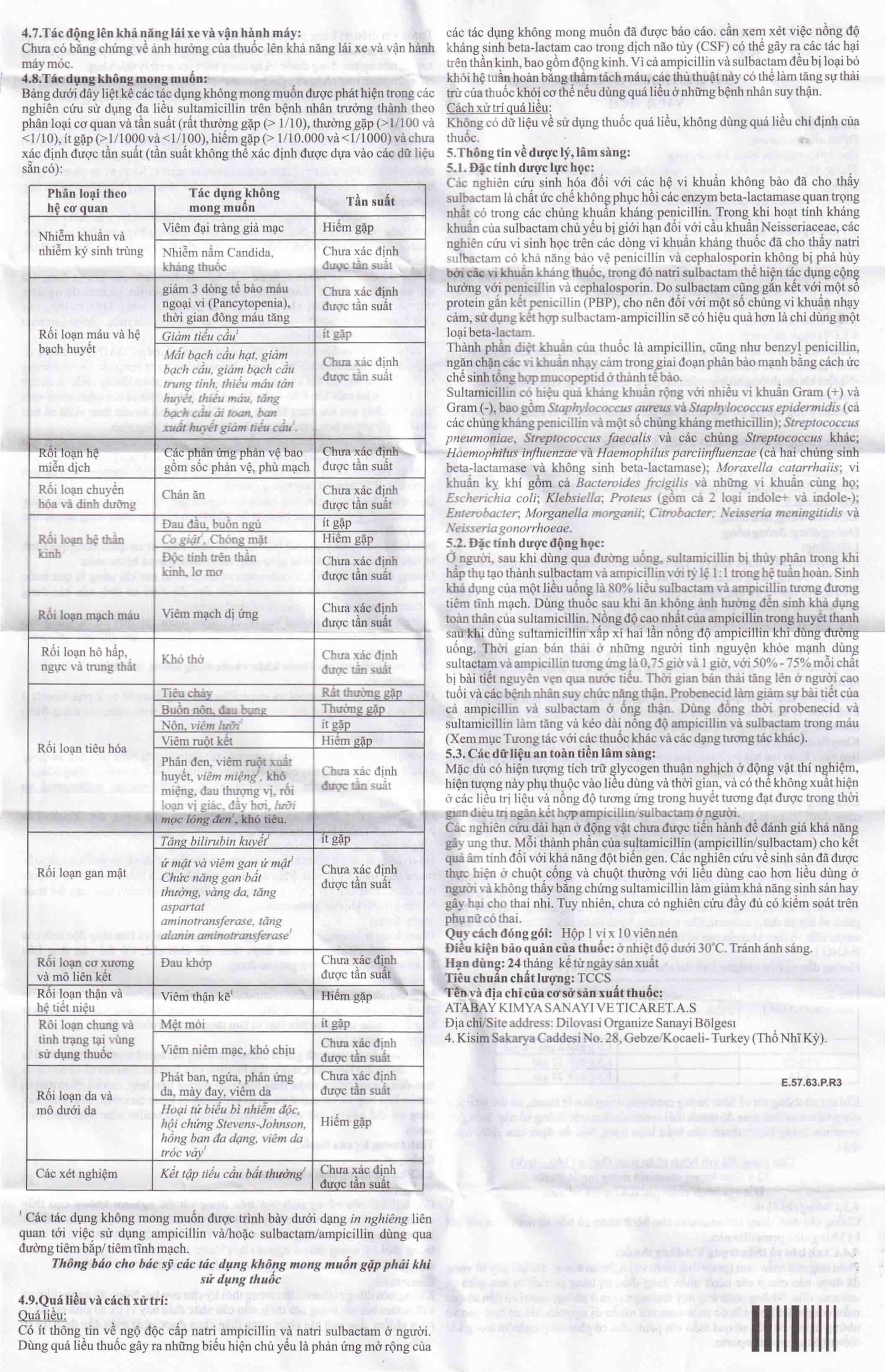 Thuốc Sulcilat Tablet 375mg Atabay điều trị các bệnh nhiễm khuẩn hô hấp (1 vỉ x 10 viên)