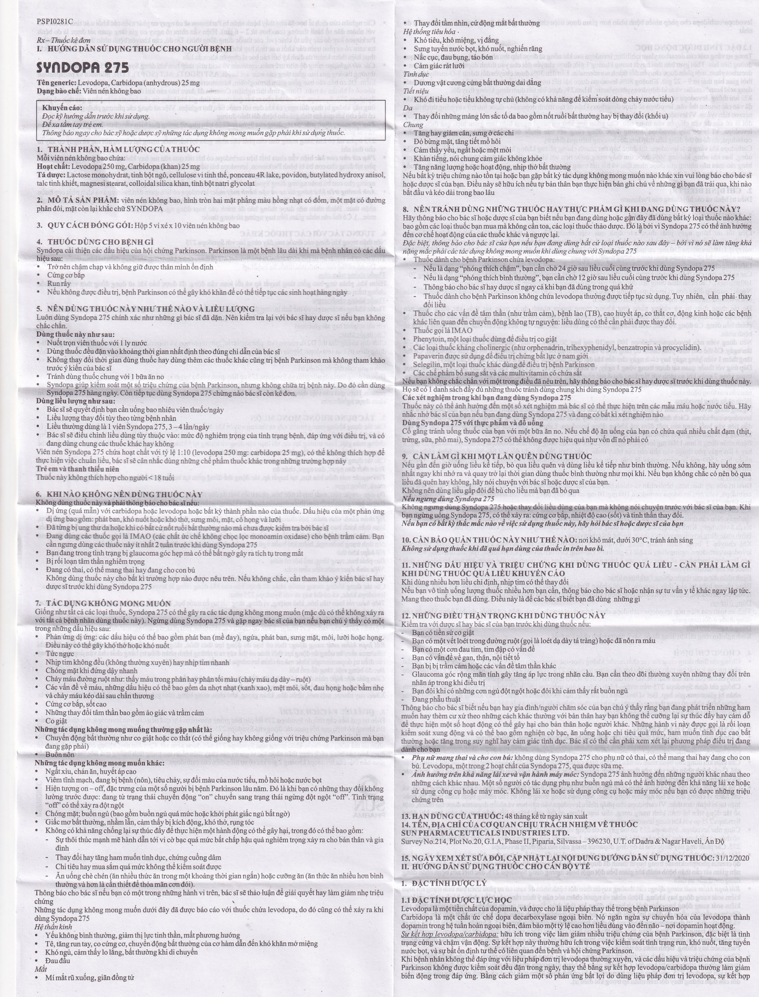 Thuốc Syndopa 275 Sun Pharma điều trị triệu chứng bệnh Parkinson (5 vỉ x 10 viên)