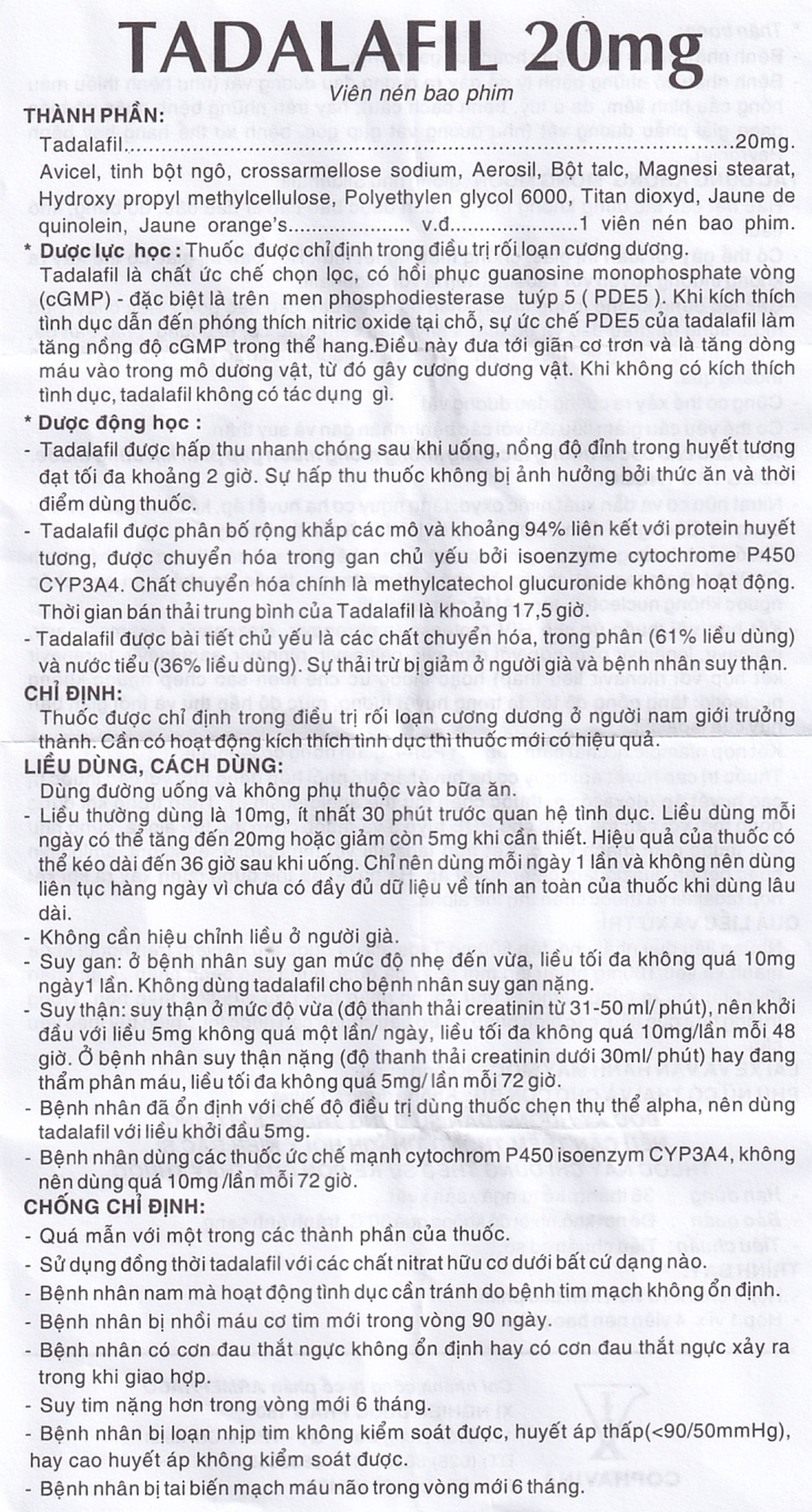 Thuốc Tadalafil 20mg Cophavina điều trị rối loạn cương dương (1 vỉ x 4 viên)