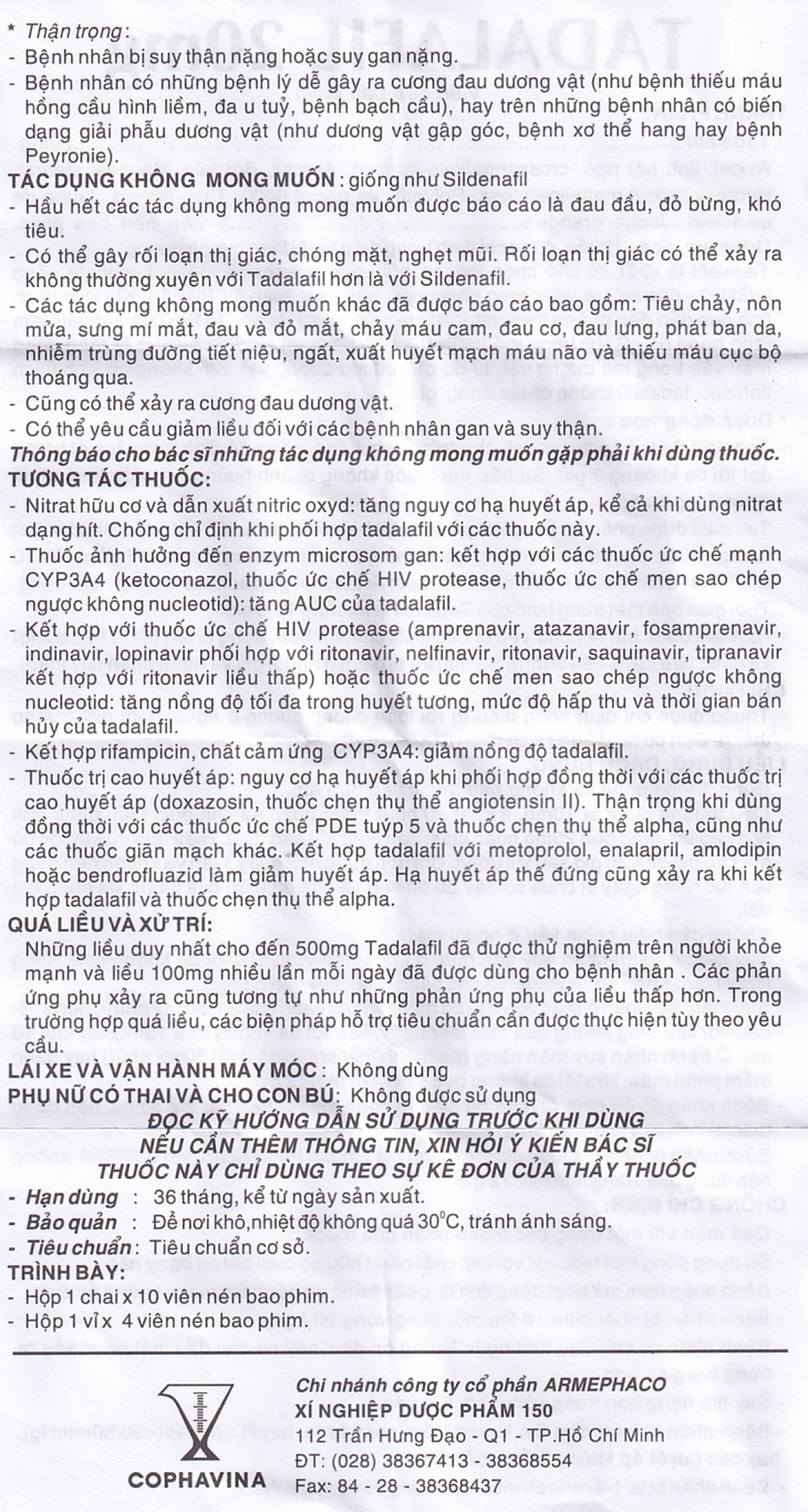 Thuốc Tadalafil 20mg Cophavina điều trị rối loạn cương dương (1 vỉ x 4 viên)