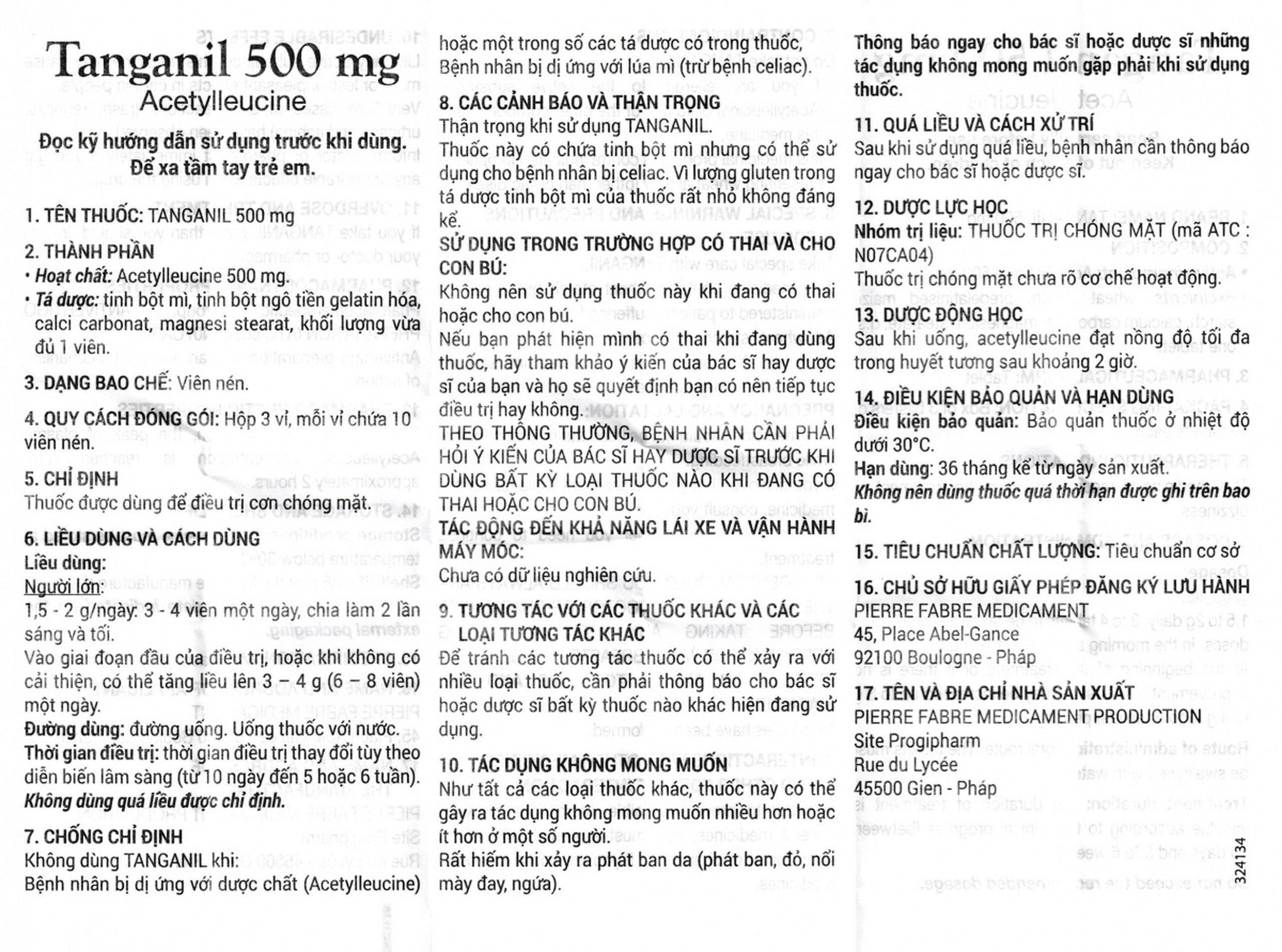 Thuốc Tanganil 500mg Pierre Fabre điều trị cơn chóng mặt (3 vỉ x 10 viên)