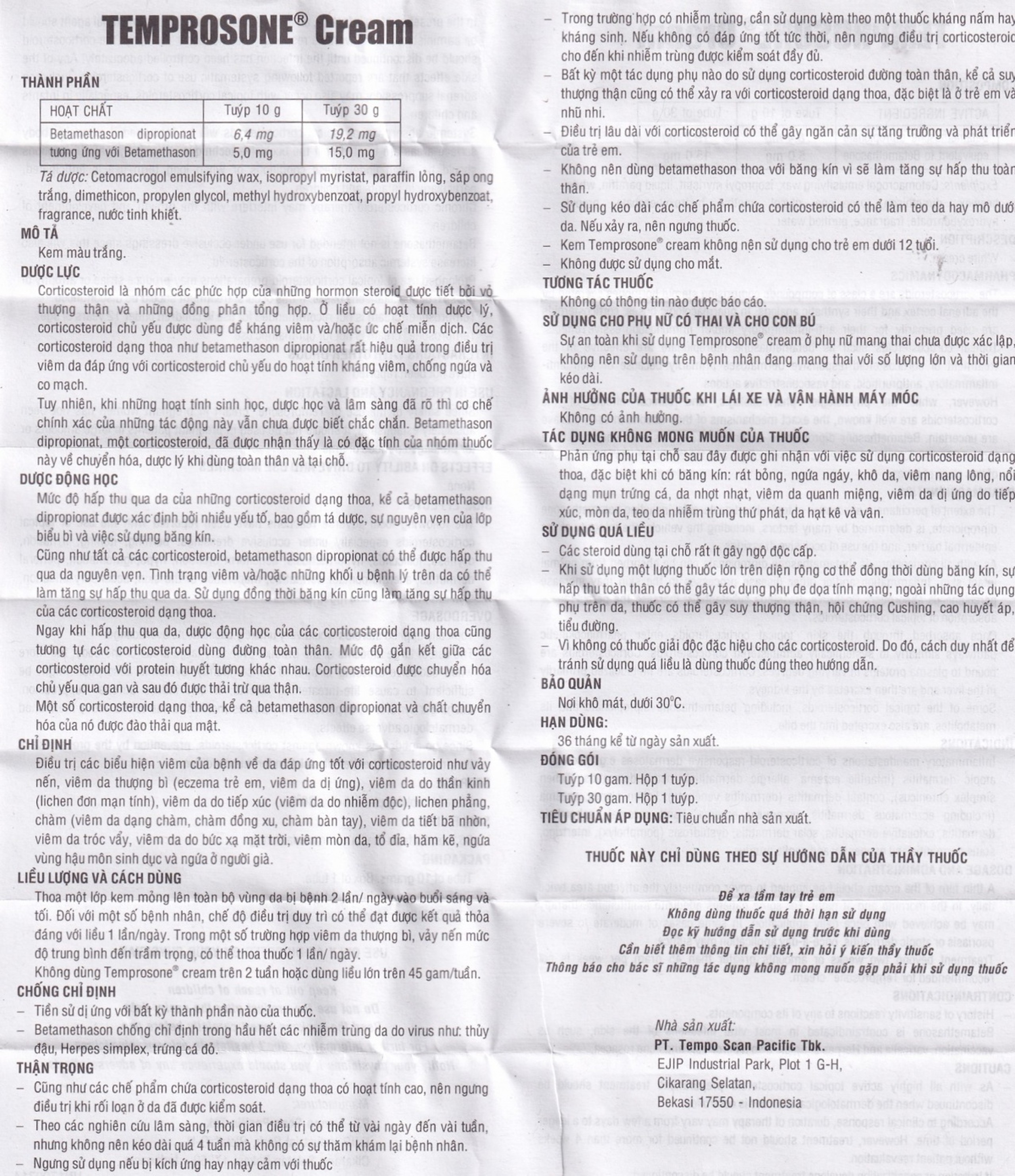 Kem bôi Temprosone Cream điều trị vảy nến, viêm da thượng bì (30g)