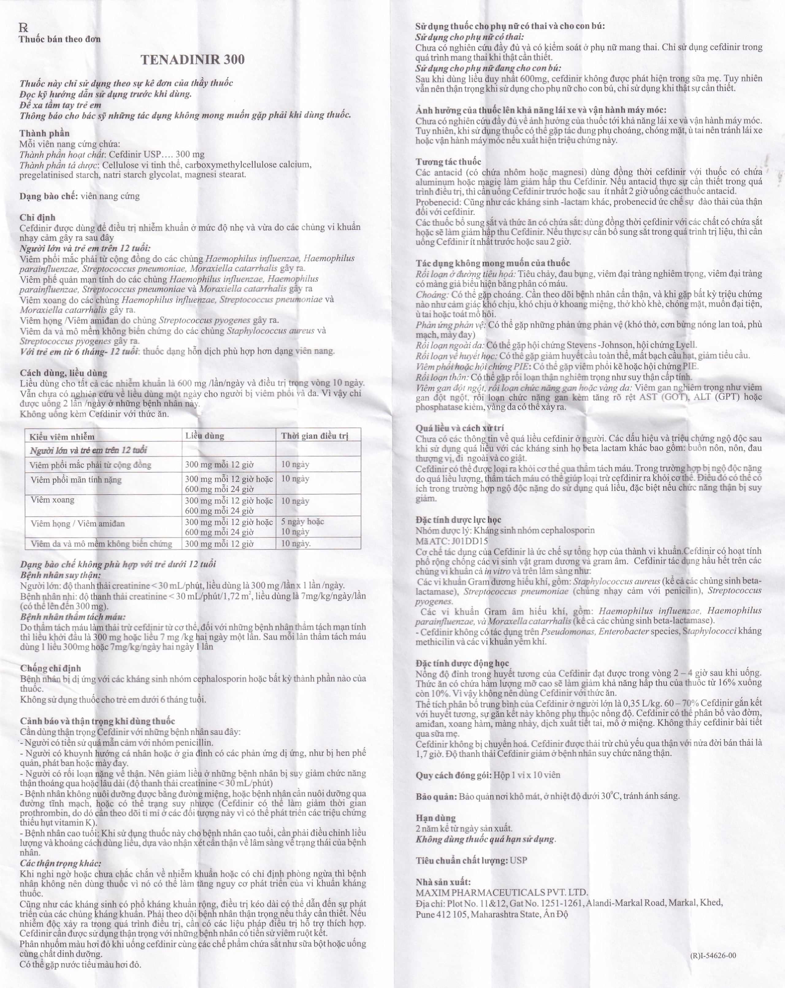 Thuốc Tenadinir Maxim điều trị nhiễm khuẩn nhẹ và vừa (1 vỉ x 10 viên)