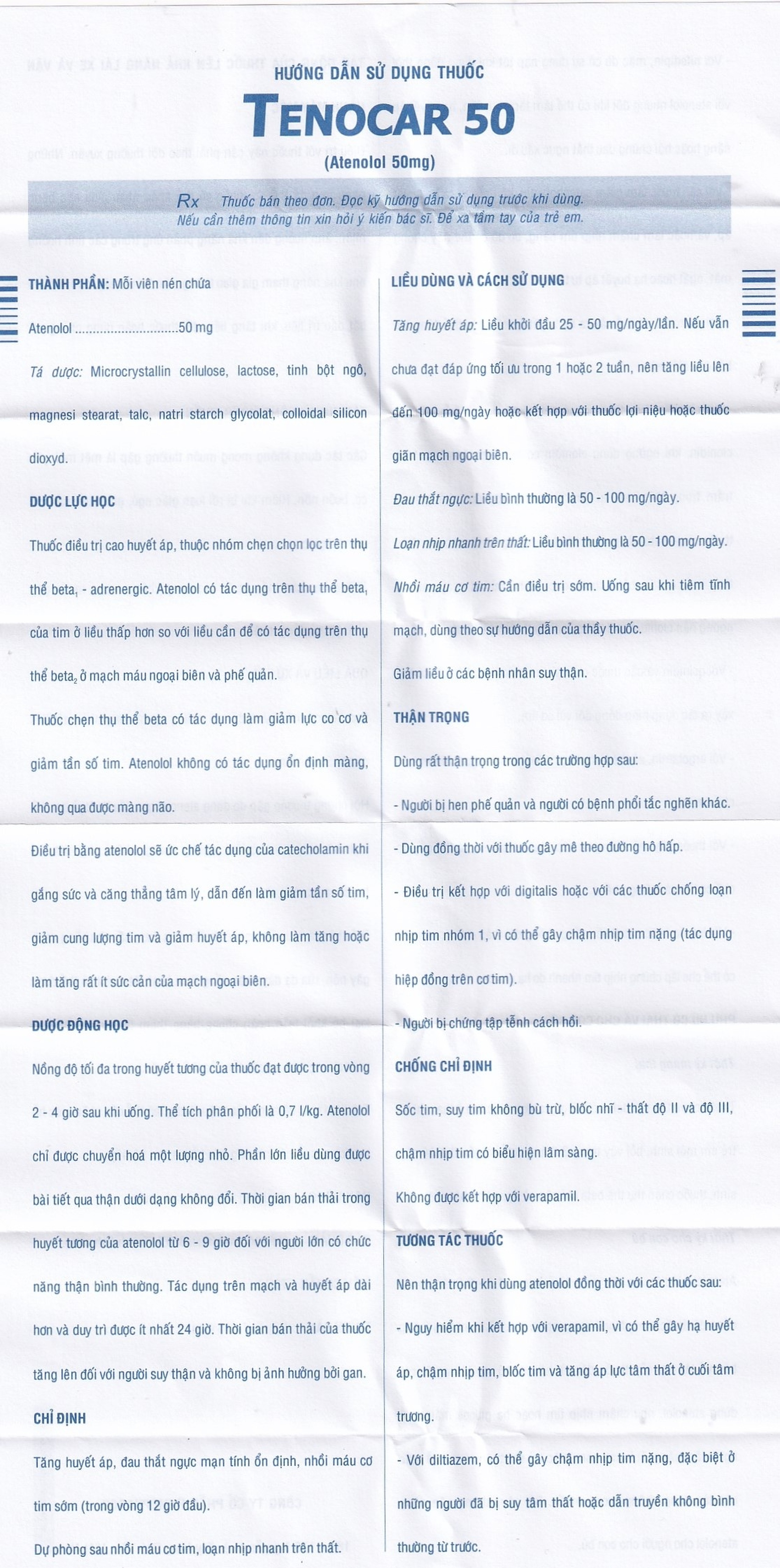 Thuốc Tenocar 50 Pymepharco điều trị tăng huyết áp, đau thắt ngực (2 vỉ x 15 viên)