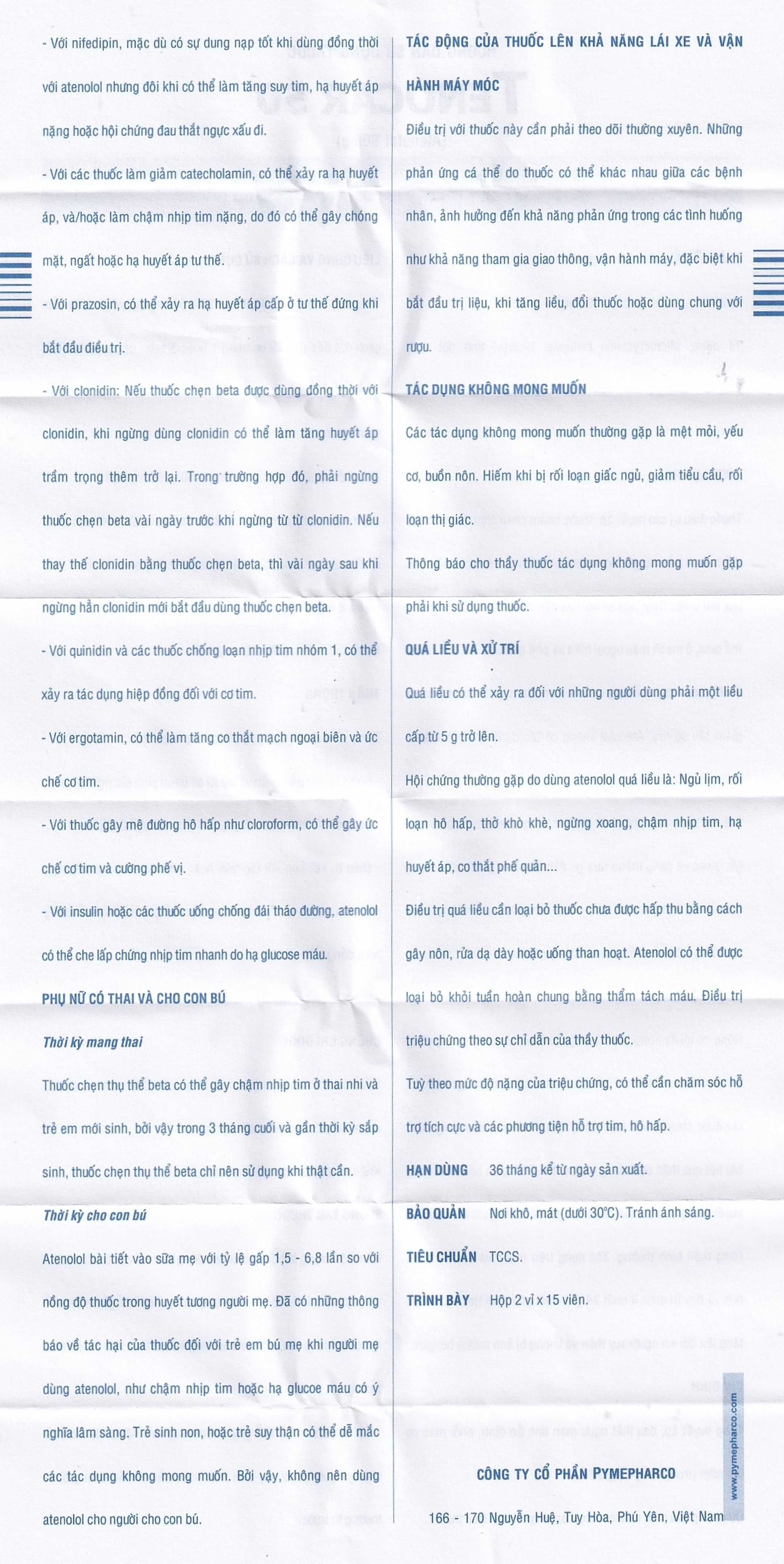 Thuốc Tenocar 50 Pymepharco điều trị tăng huyết áp, đau thắt ngực (2 vỉ x 15 viên)