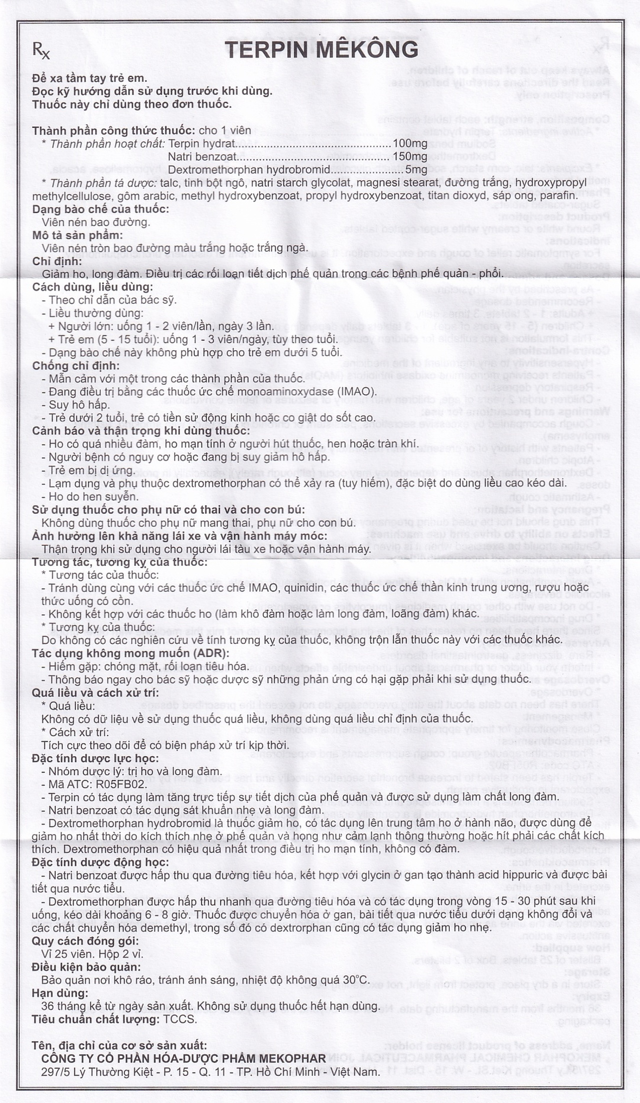 Thuốc Terpin Mekong Mekophar giảm ho, long đàm (2 vỉ x 25 viên)