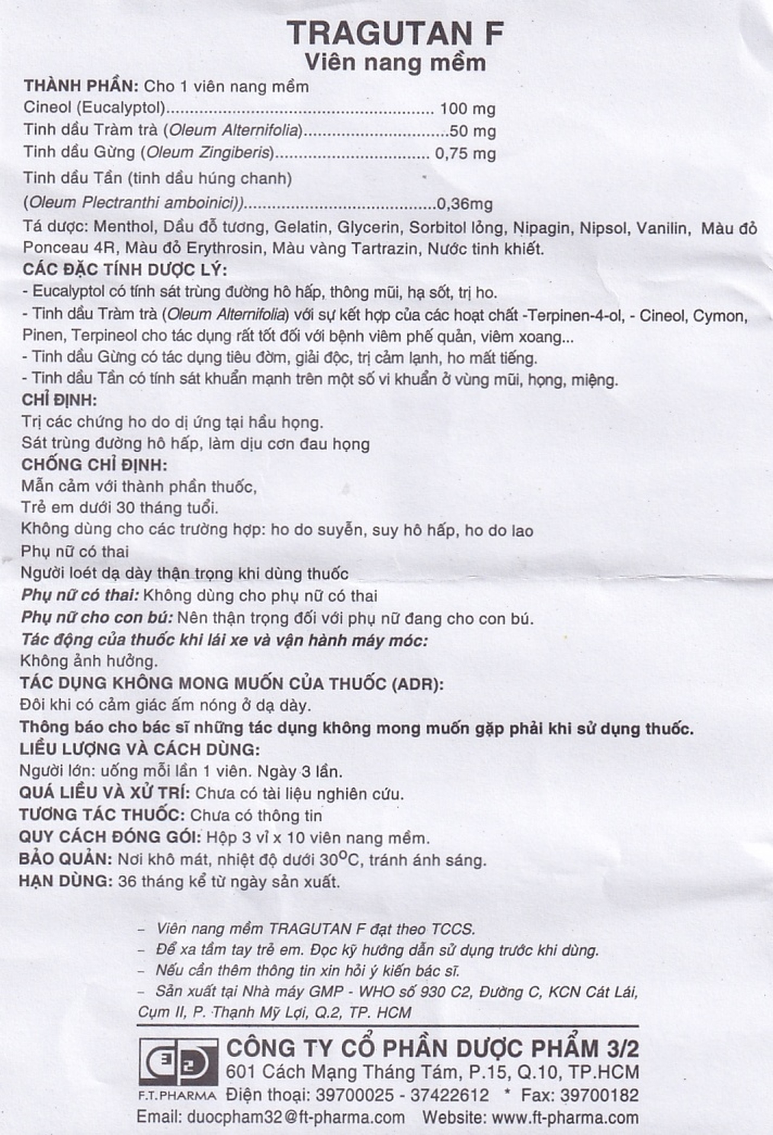Thuốc Tragutan F Dược 3-2 điều trị các chứng ho, sát trùng đường hô hấp (3 vỉ x 10 viên)