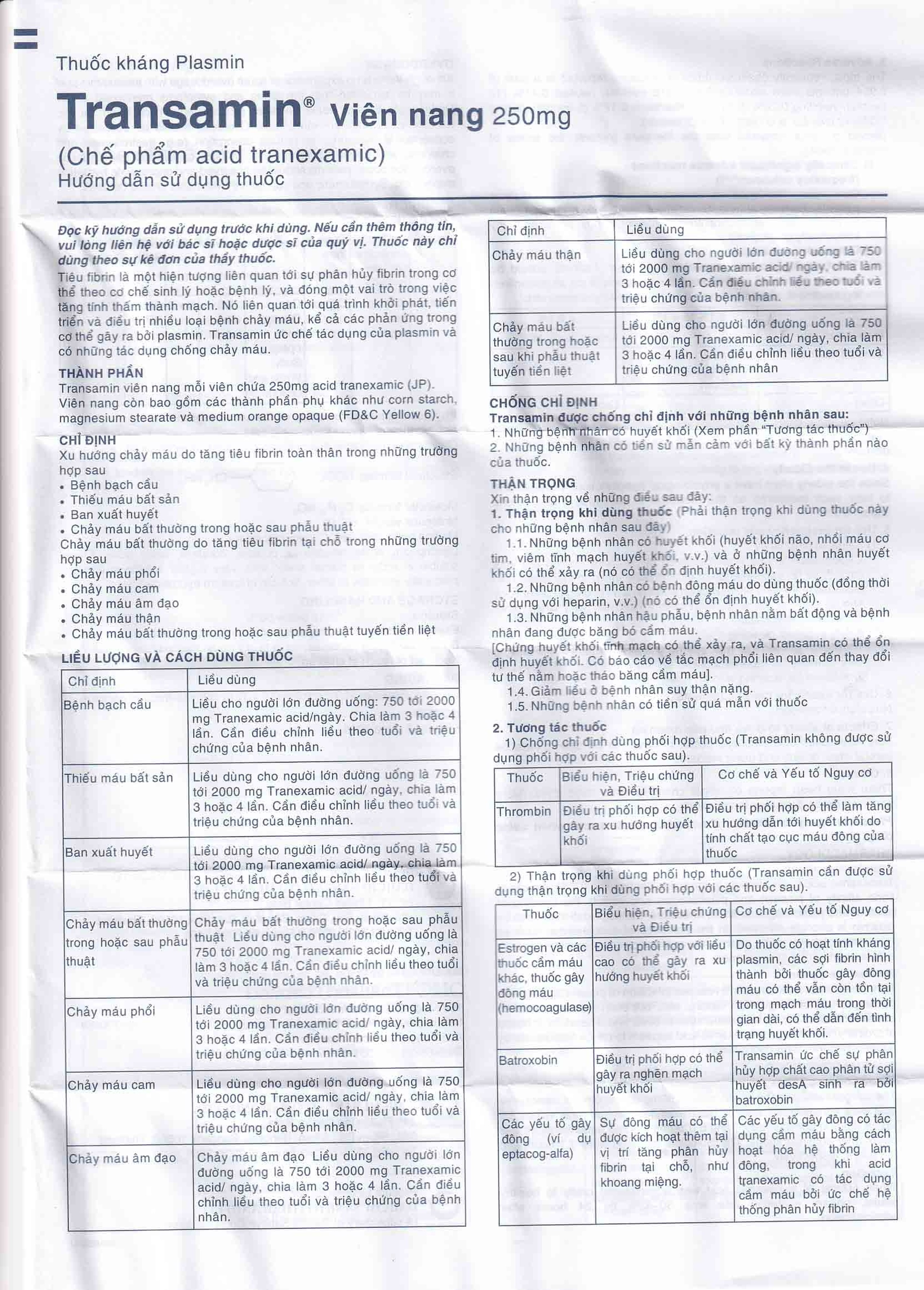 Thuốc Transamin Olic điều trị bệnh bạch cầu, thiếu máu bất sản (10 vỉ x 10 viên)