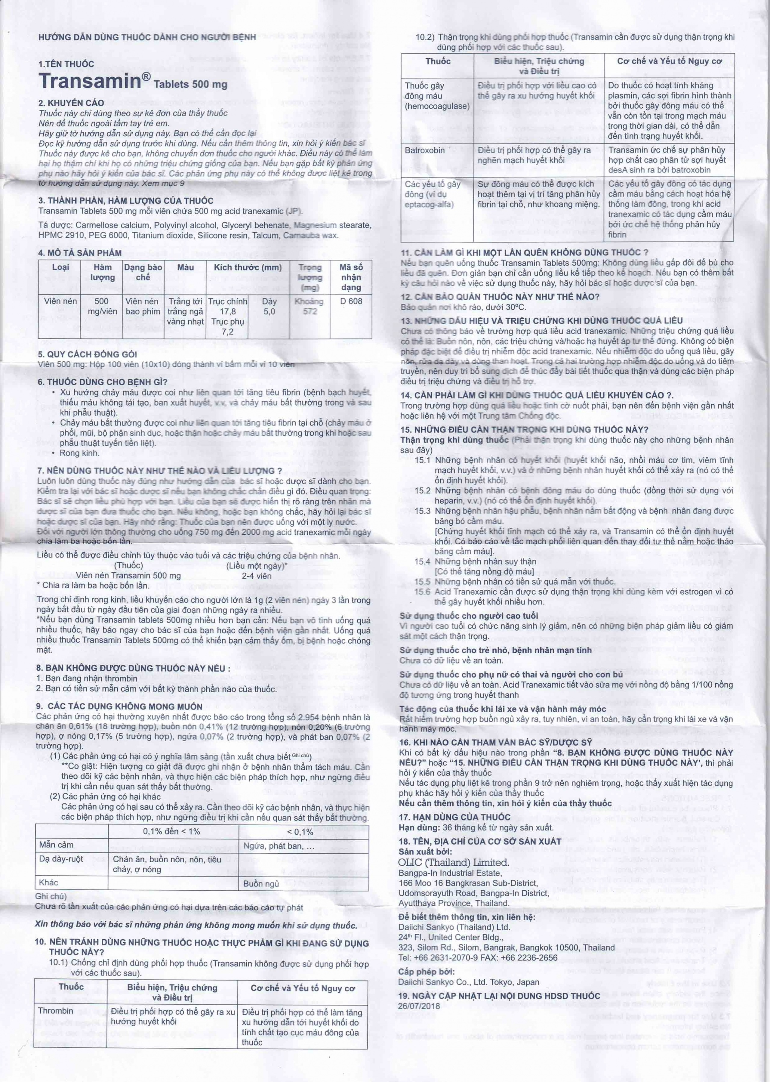 Thuốc Transamin Tab.500mg Daiichi điều trị bệnh bạch huyết, thiếu máu không tái tạo (10 vỉ x 10 viên)