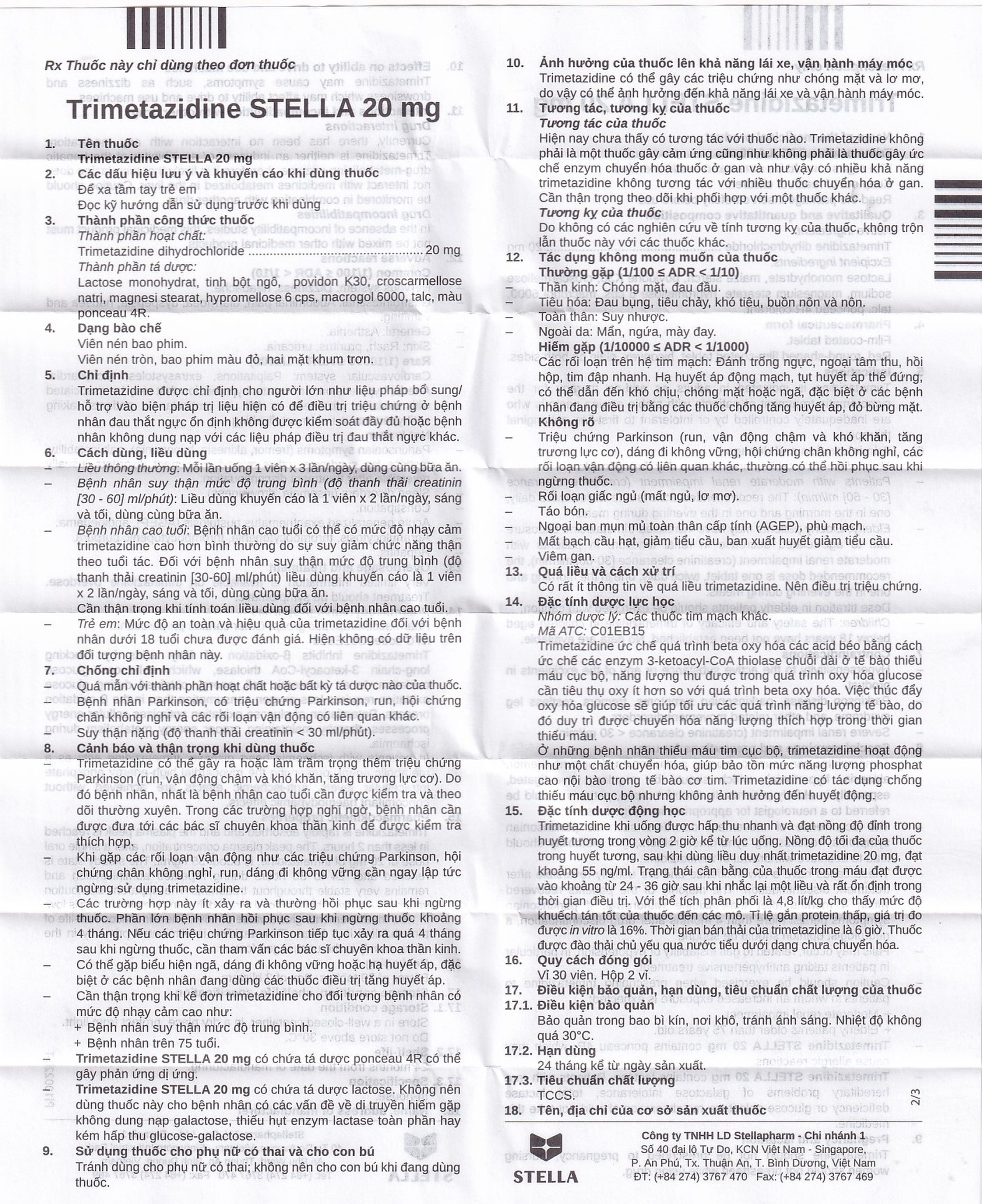 Thuốc Trimetazidine Stella 20mg điều trị đau thắt ngực ổn định (2 vỉ x 30 viên) 