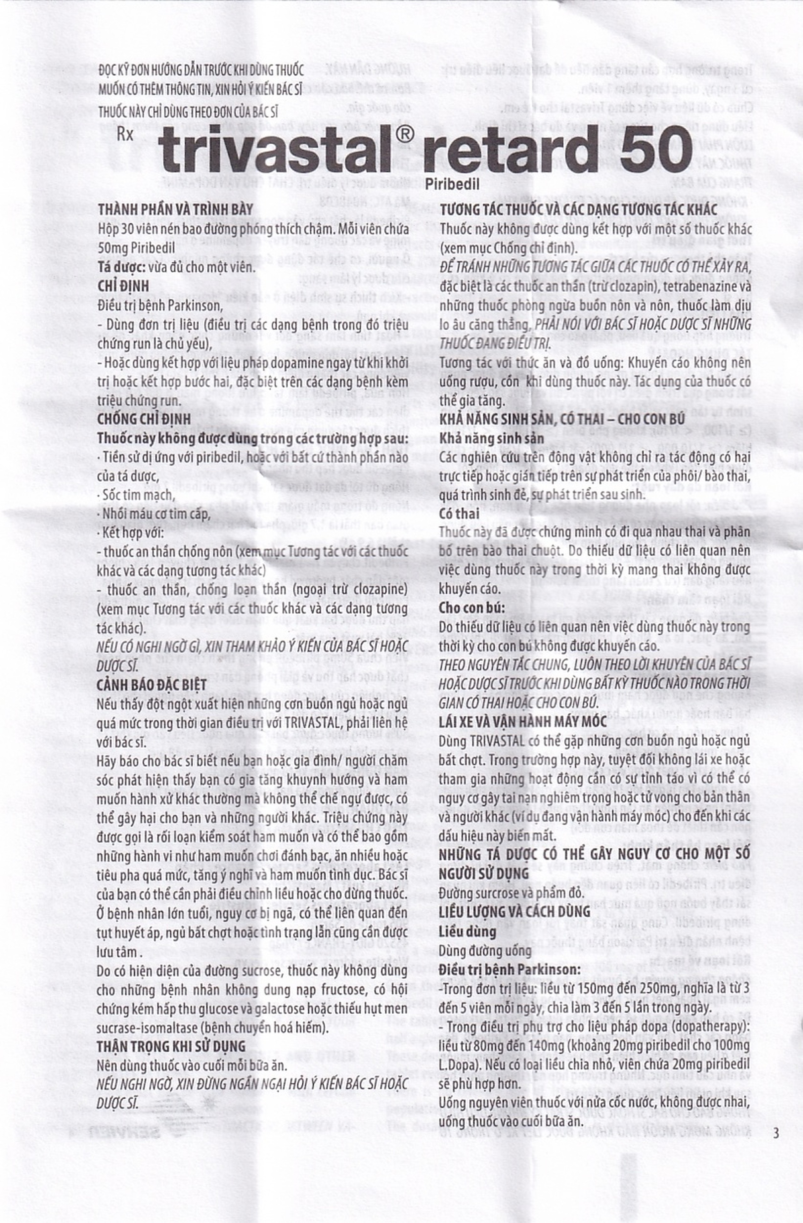 Thuốc Trivastal Retard 50 Servier điều trị bệnh Parkinson (2 vỉ x 15 viên)