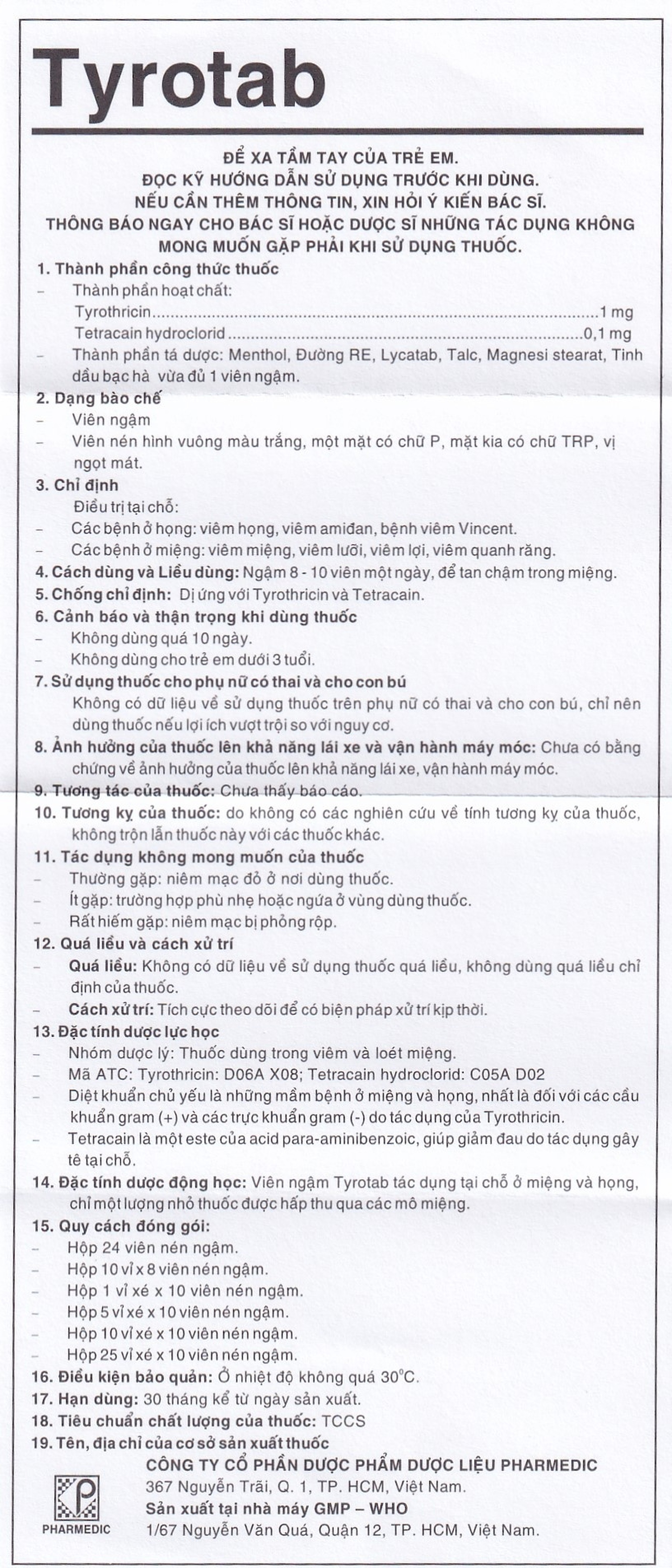 Viên ngậm sát trùng Tyrotab Pharmedic điều trị viêm họng, viêm amidan (24 viên)