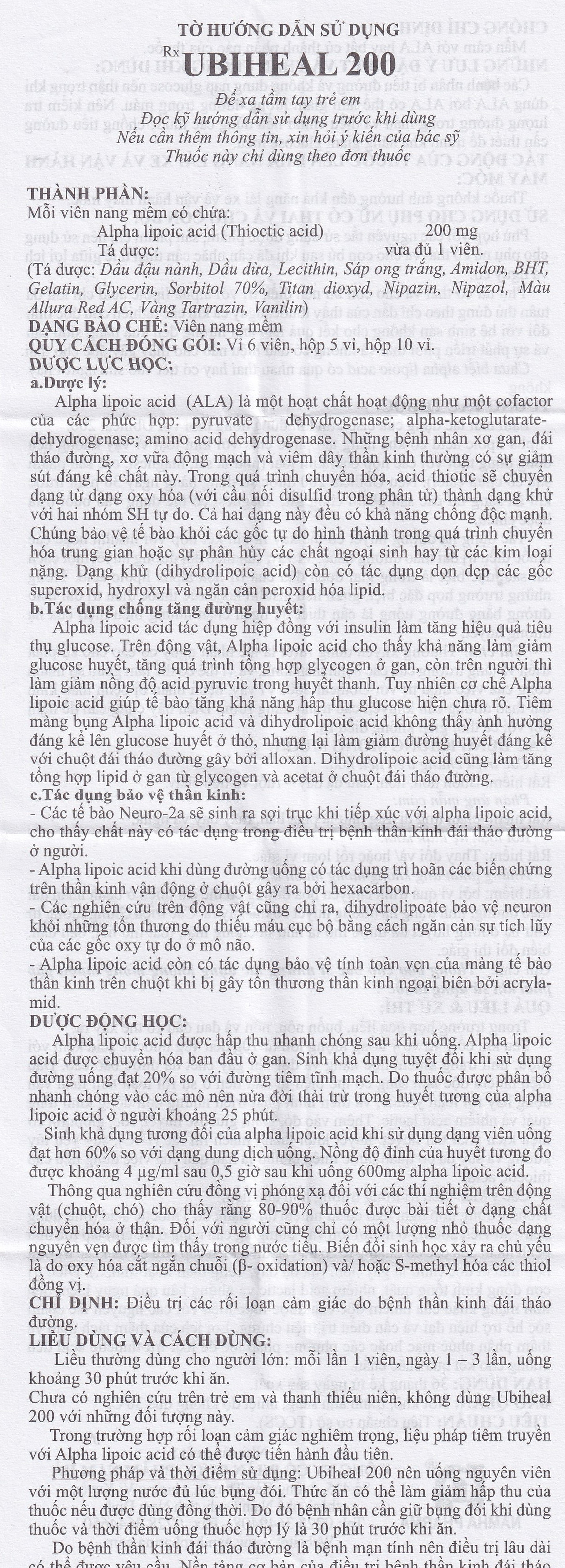 Thuốc Ubiheal 200 Nam Hà điều trị các rối loạn cảm giác  do bệnh thần kinh đái tháo đường (5 vỉ x 6 viên)