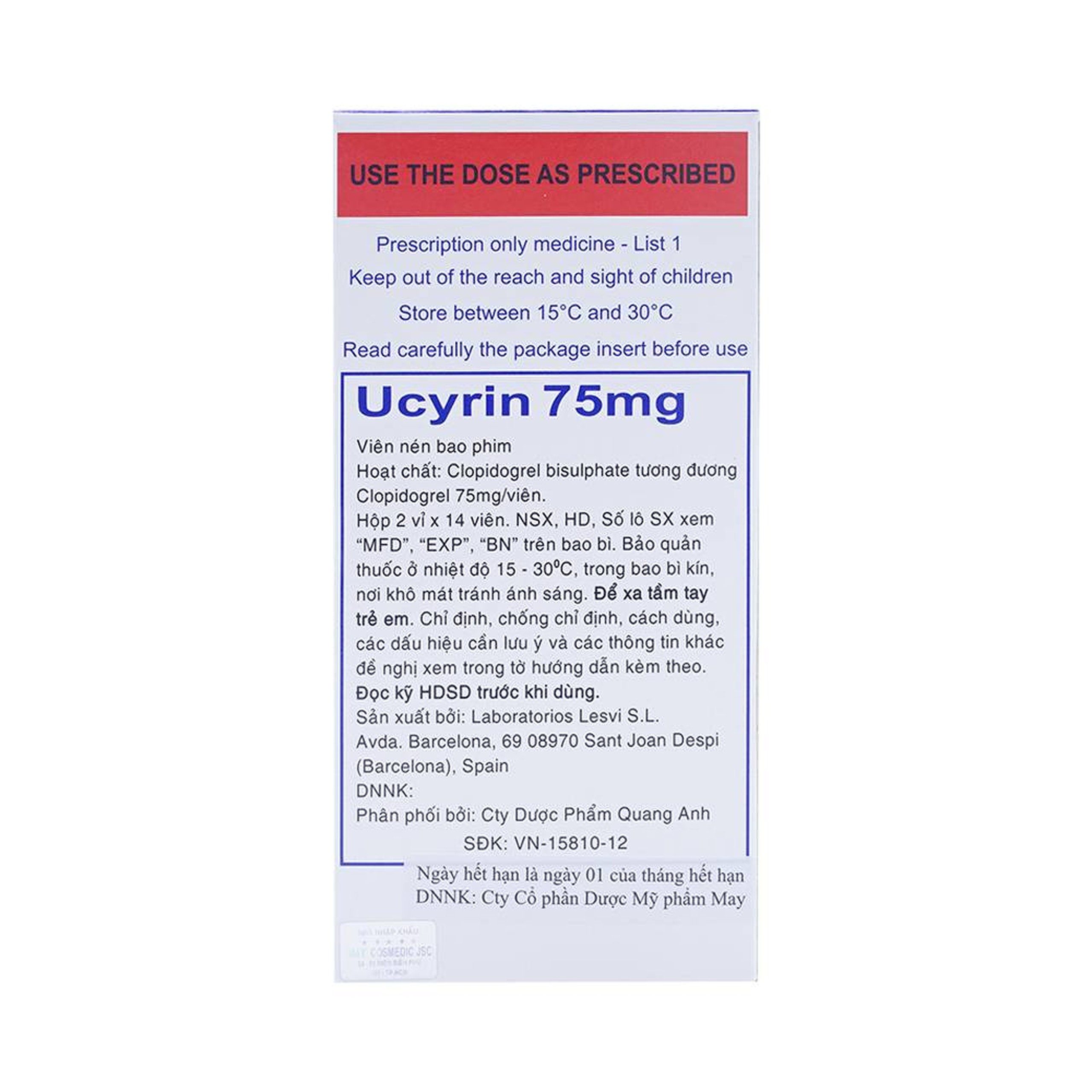 Thuốc Ucyrin 75mg Lesvi giảm những biến cố xơ vữa động mạch (2 vỉ x 14 viên)