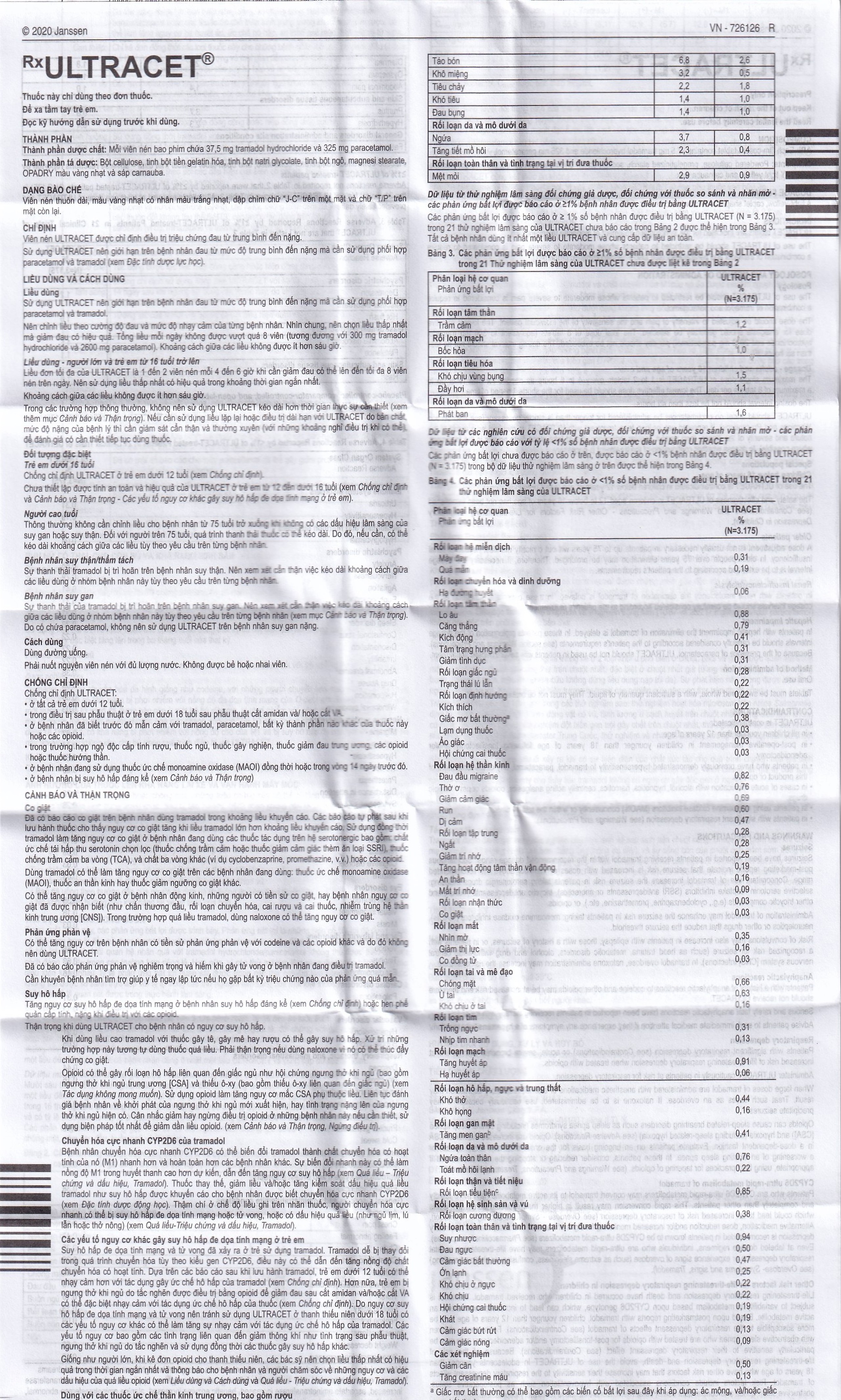 Thuốc Ultracet Janssen hỗ trợ điều trị cơn đau từ trung bình đến nặng (3 vỉ x 10 viên)