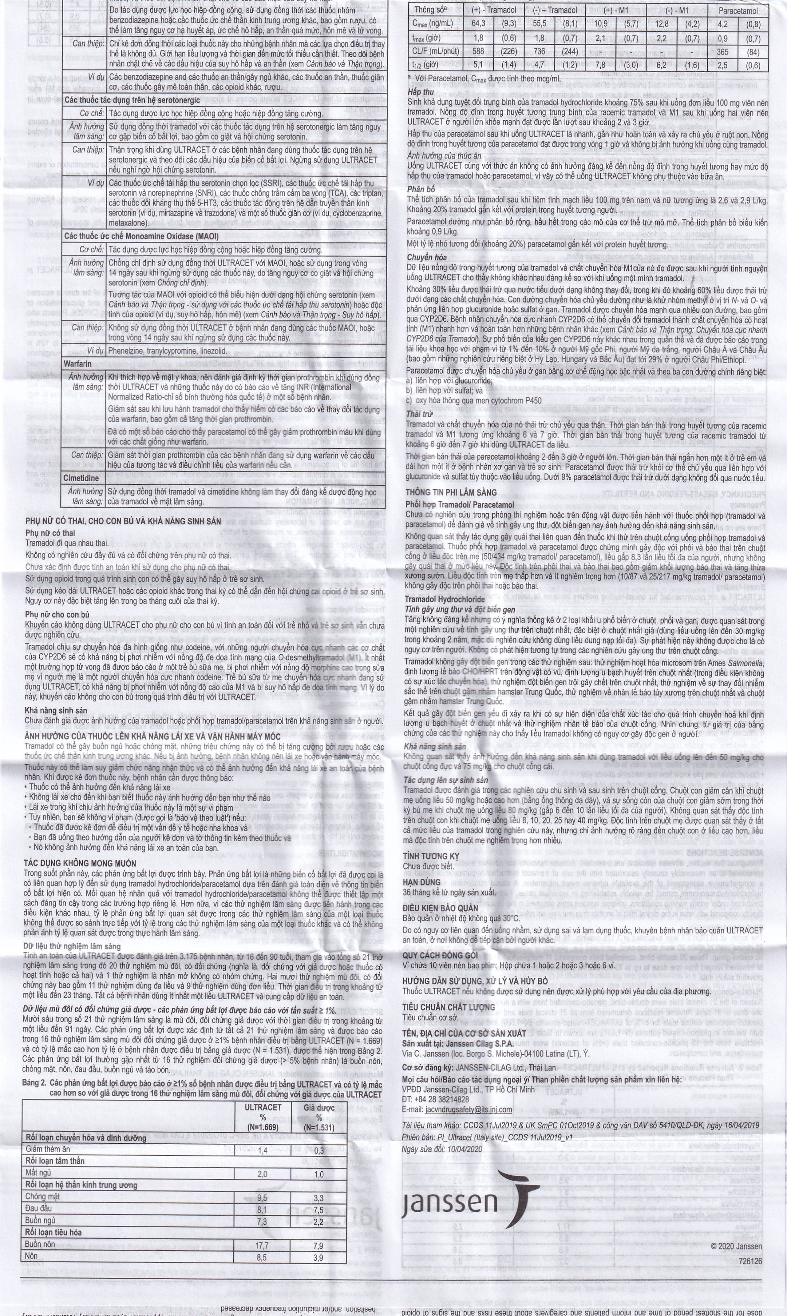 Thuốc Ultracet Janssen hỗ trợ điều trị cơn đau từ trung bình đến nặng (3 vỉ x 10 viên)