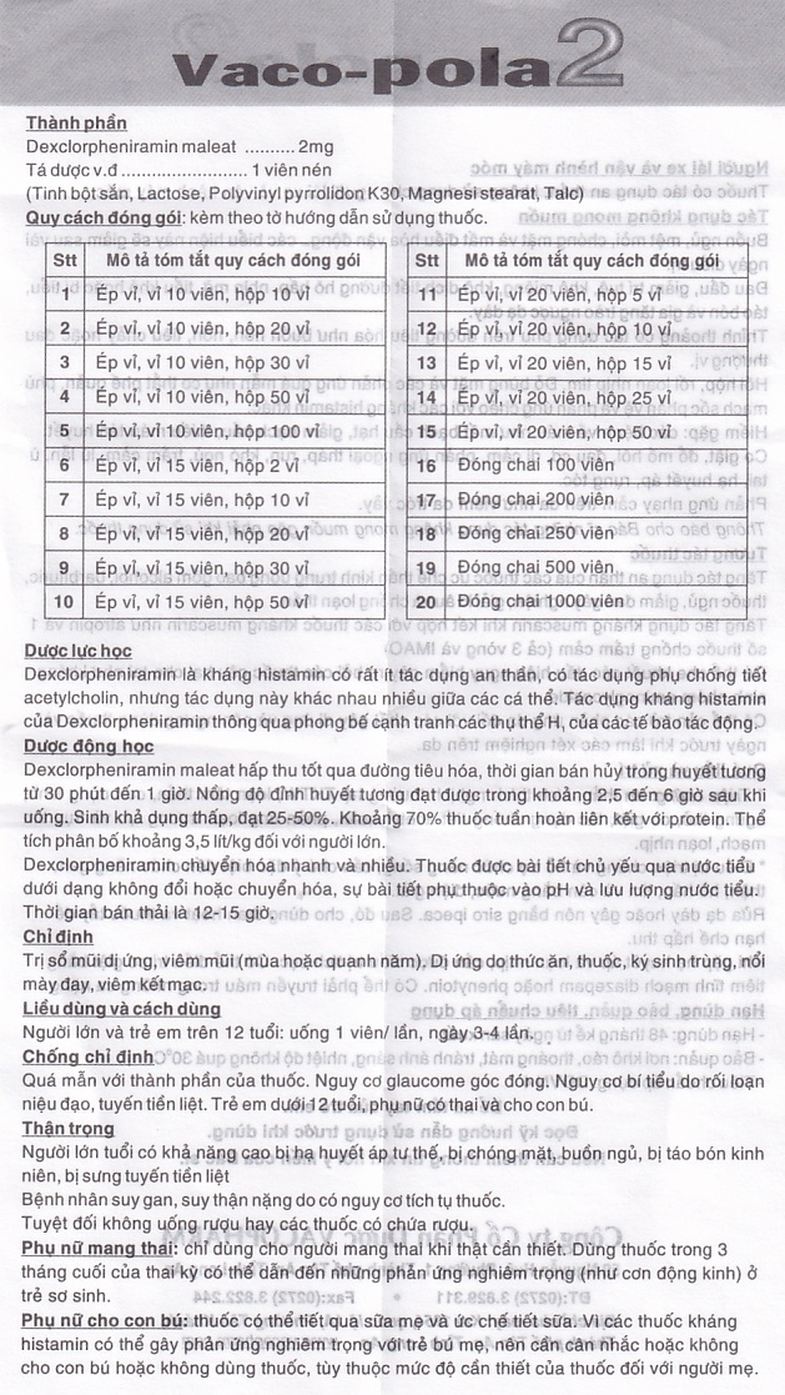 Thuốc Vaco-pola2 Vacopharm điều trị sổ mũi dị ứng, viêm mũi (2 vỉ x 15 viên)