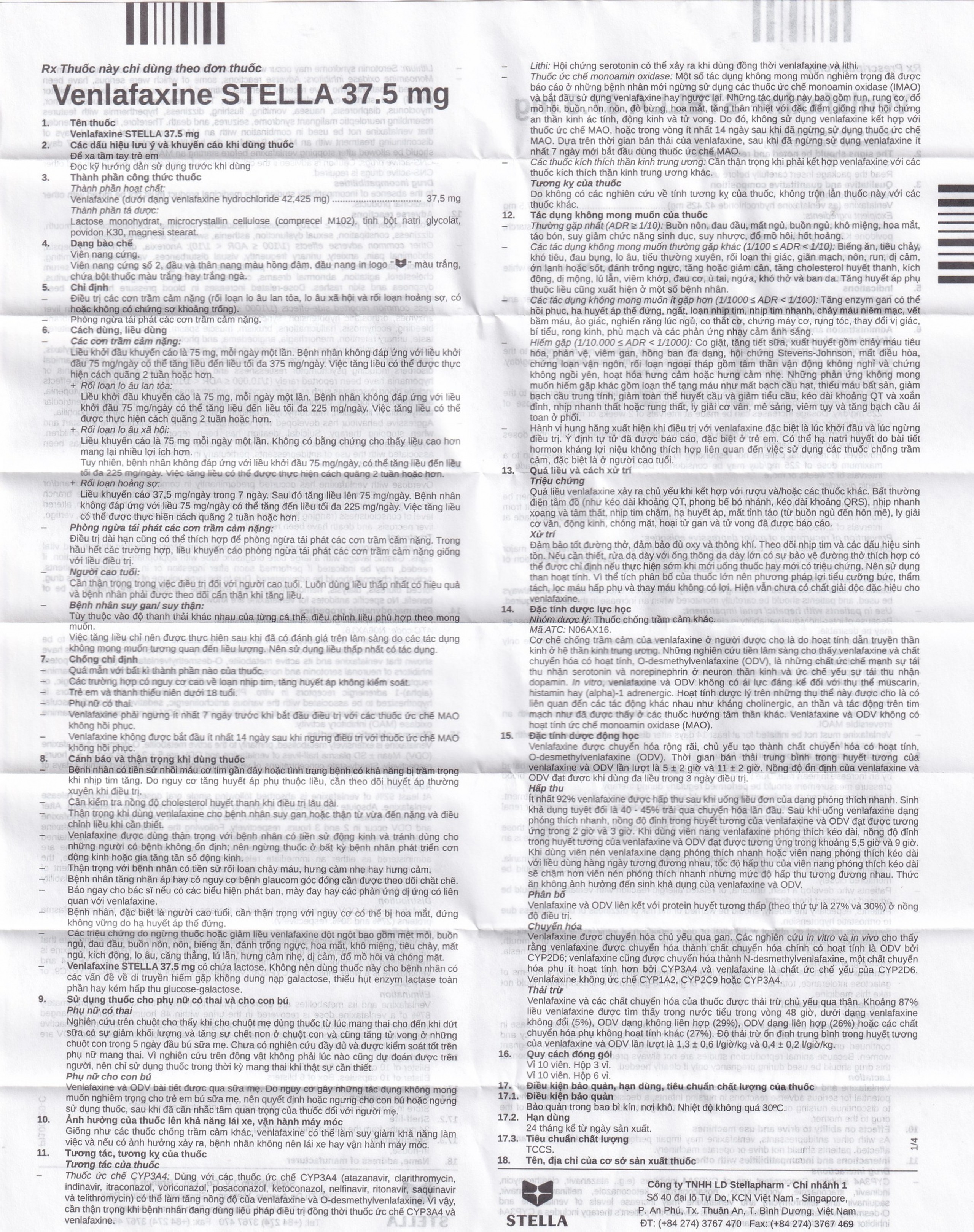 Thuốc Venlafaxine Stella 37.5mg điều trị các cơn trầm cảm nặng (6 vỉ x 10 viên)