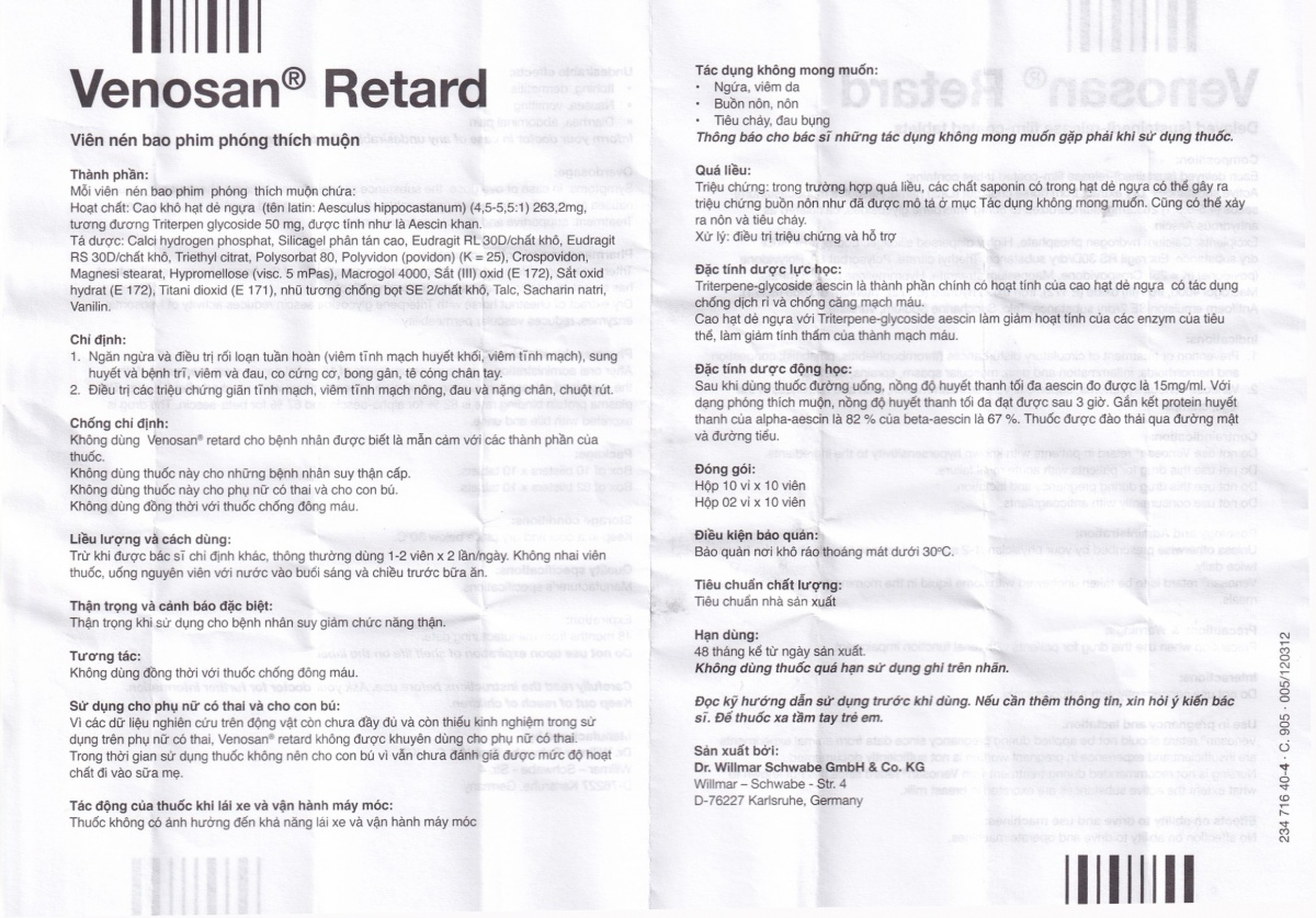 Thuốc Venosan Retard 263.2mg Dr. Willmar Schwabe điều trị viêm tĩnh mạch huyết khối (10 vỉ x 10 viên)