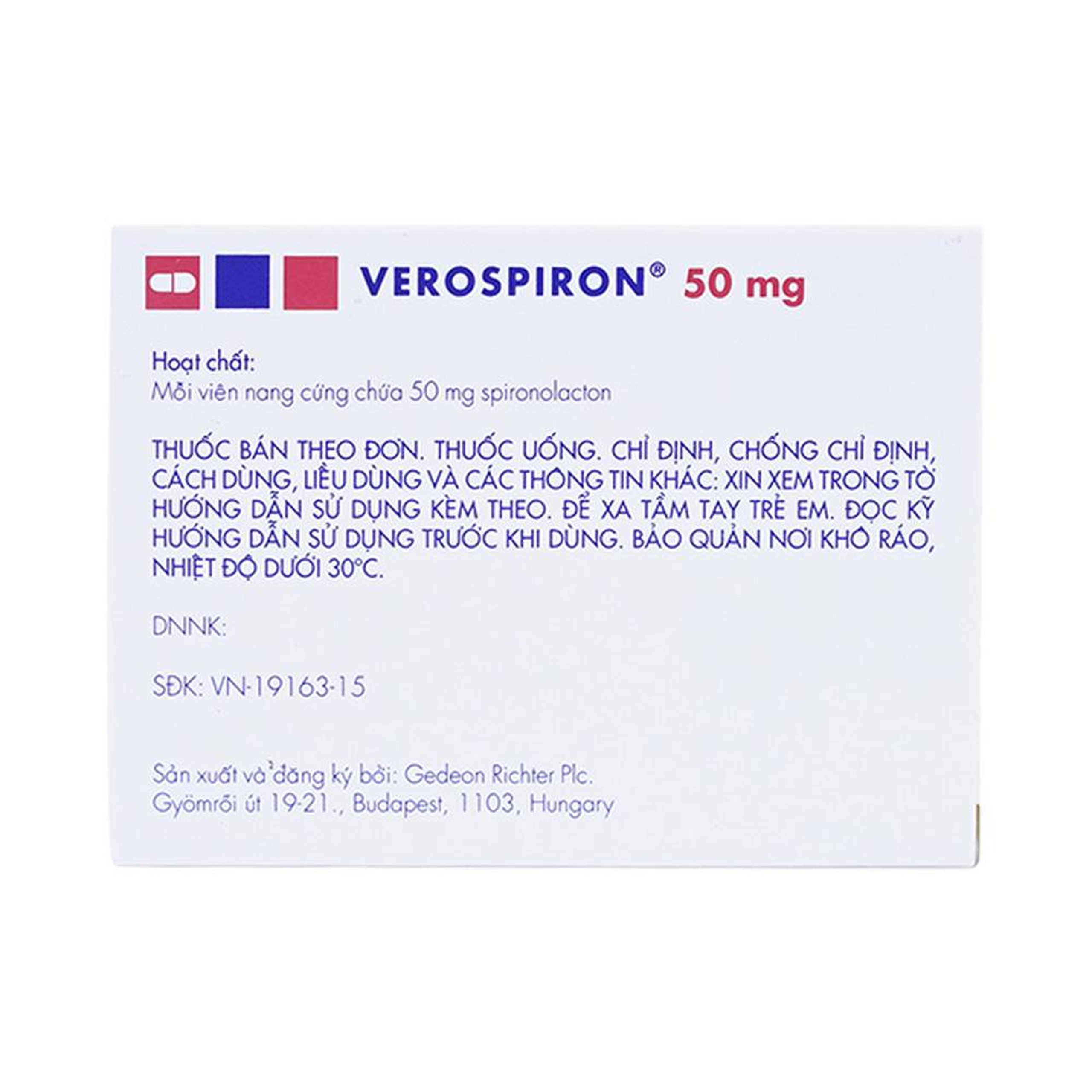 Thuốc Verospiron 50mg Gedeon điều trị tăng huyết áp, phù do tim gan thận, cường aldosterone và hạ kali (3 vỉ x 10 viên)