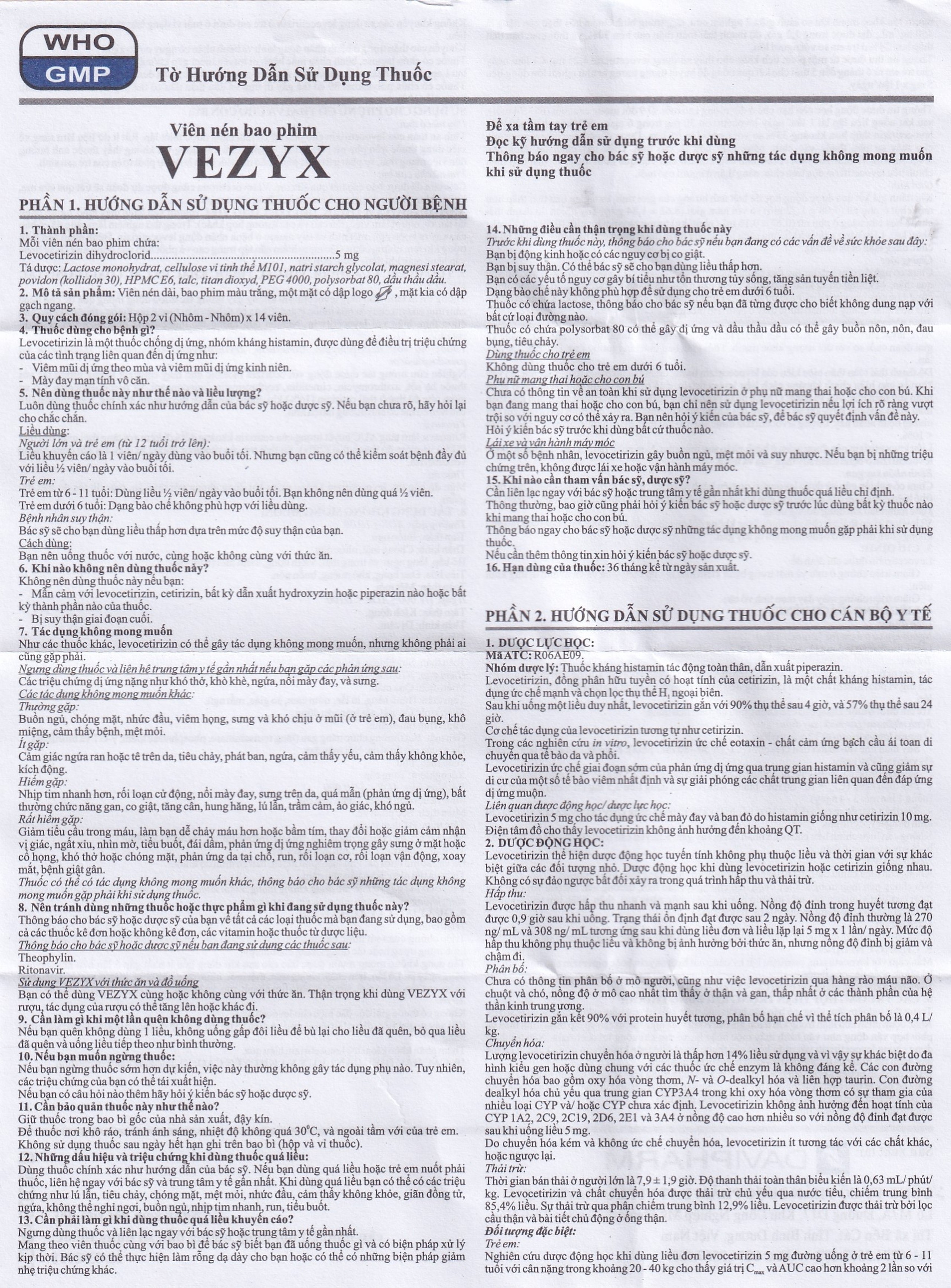 Thuốc Vezyx 5mg Davipharm điều trị viêm mũi dị ứng, mày đay (2 vỉ x 14 viên)