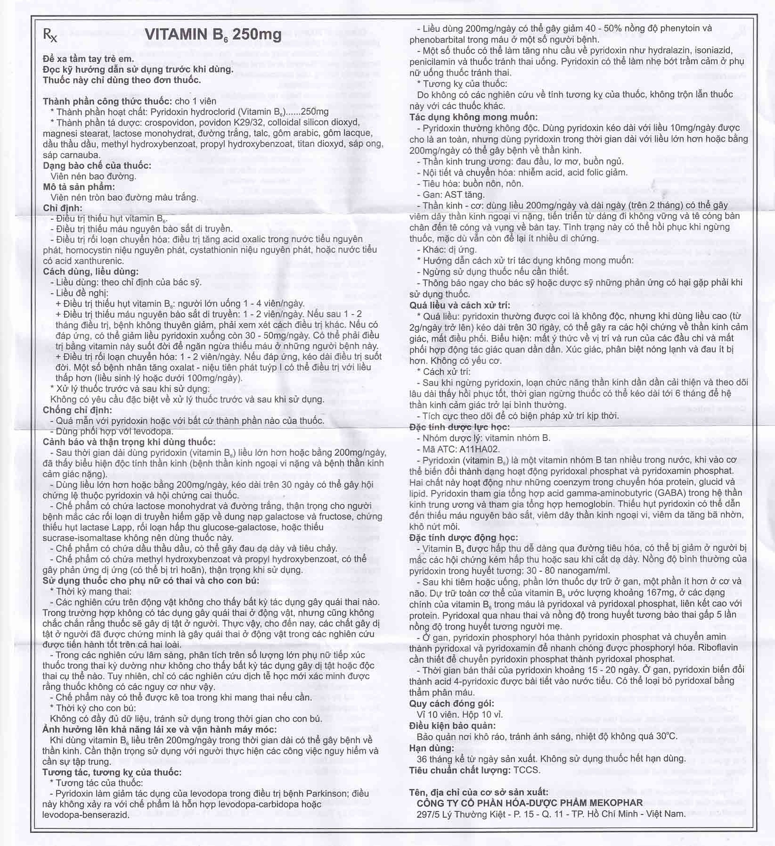 Thuốc Vitamin B6 250mg Mekophar điều trị thiếu hụt Vitamin B6 (10 vỉ x 10 viên)