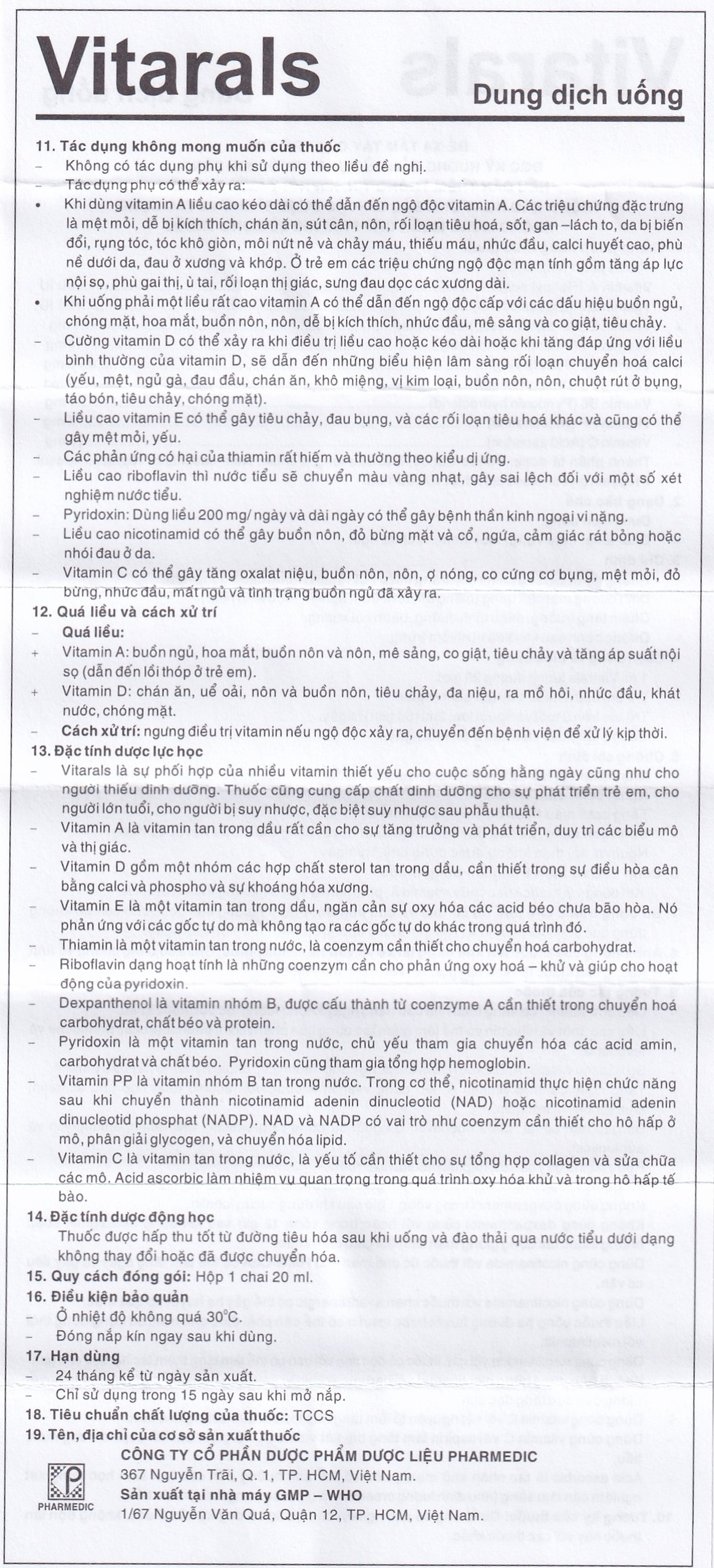 Dung dịch uống Vitarals Pharmedic phòng ngừa và điều chỉnh tình trạng thiếu hụt Vitamin (20ml)