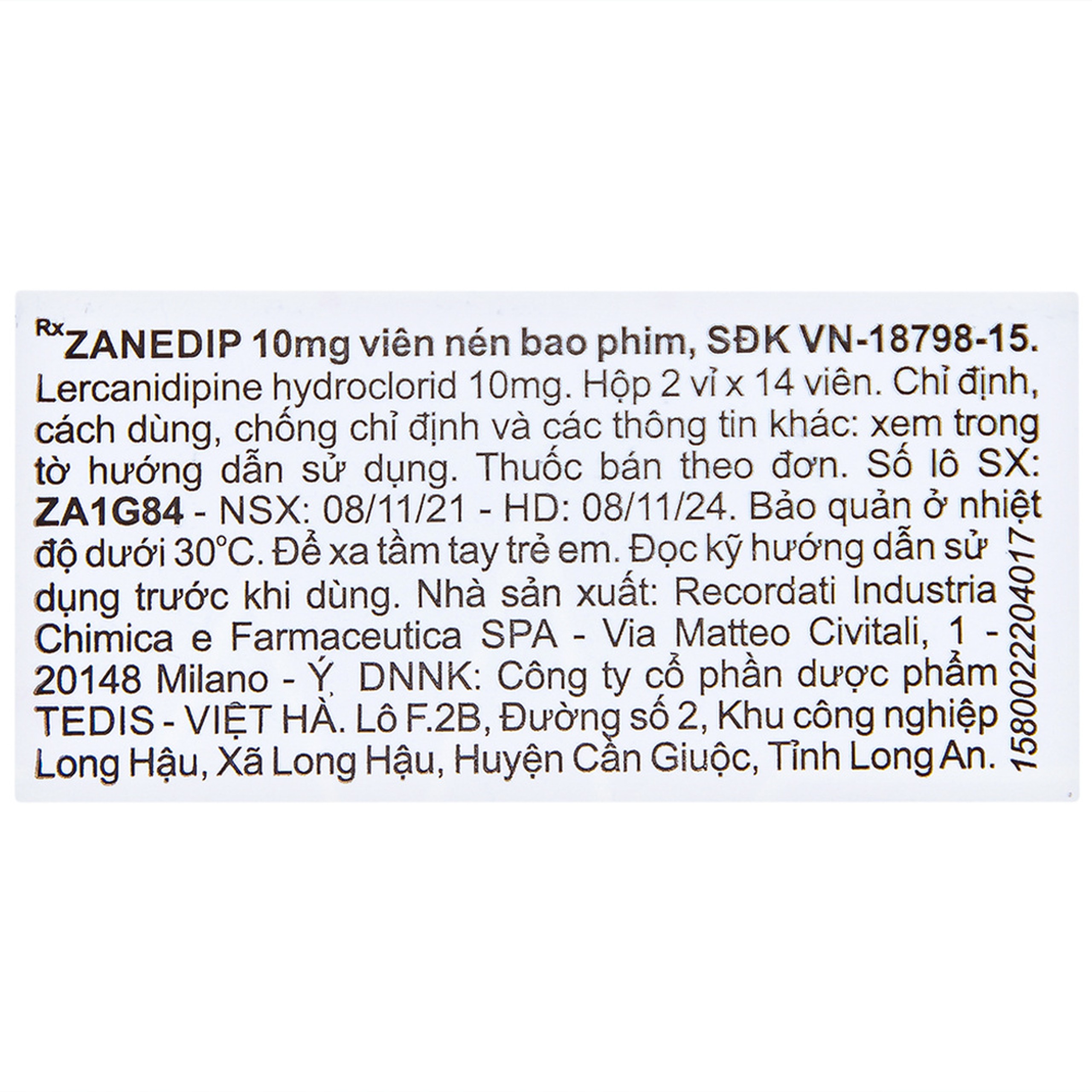 Thuốc Zanedip 10mg Recordati điều trị tăng huyết áp vô căn (2 vỉ x 14 viên)