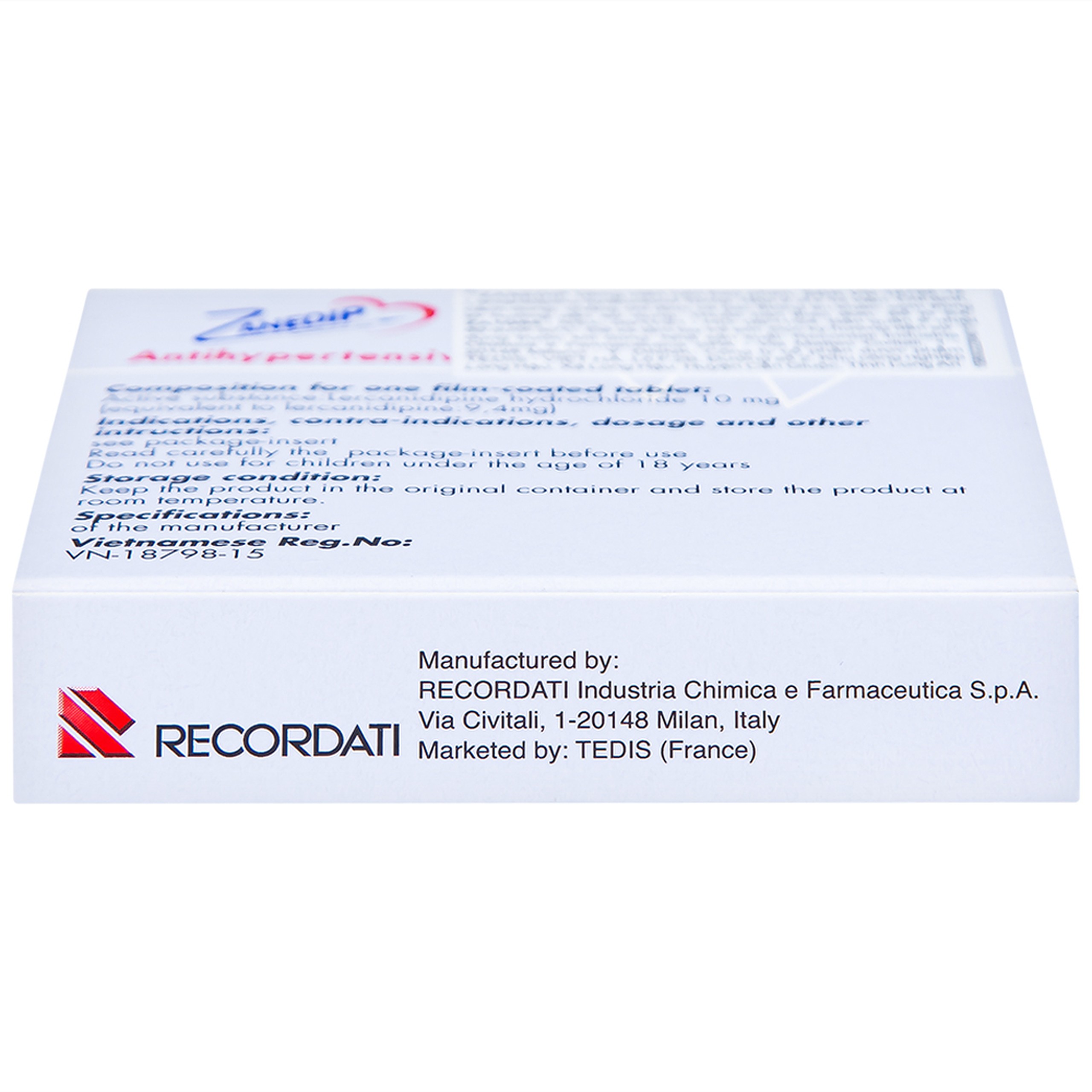 Thuốc Zanedip 10mg Recordati điều trị tăng huyết áp vô căn (2 vỉ x 14 viên)