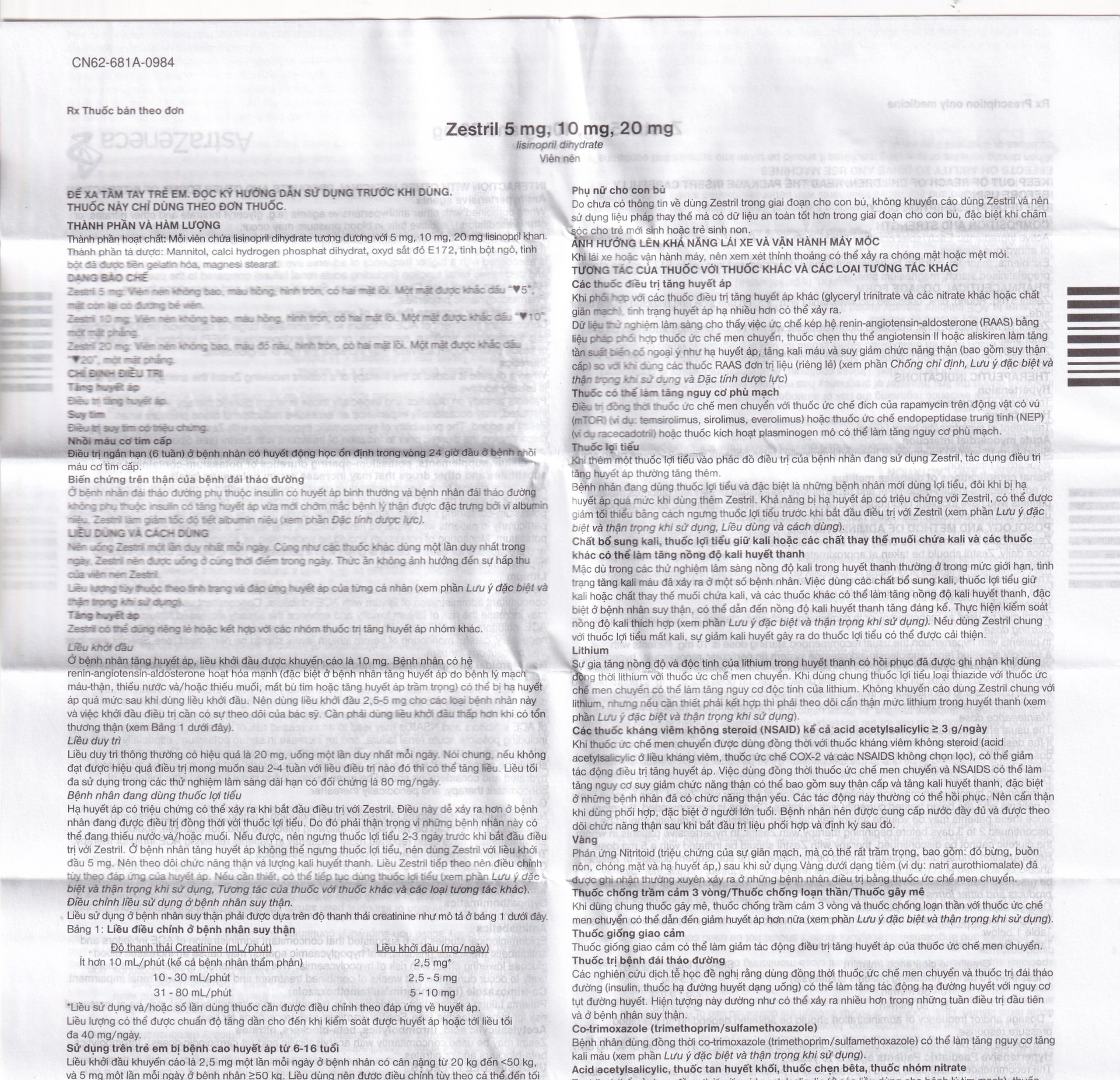 Thuốc Zestril 10mg AstraZeneca điều trị tăng huyết áp, suy tim (2 vỉ x 14 viên)