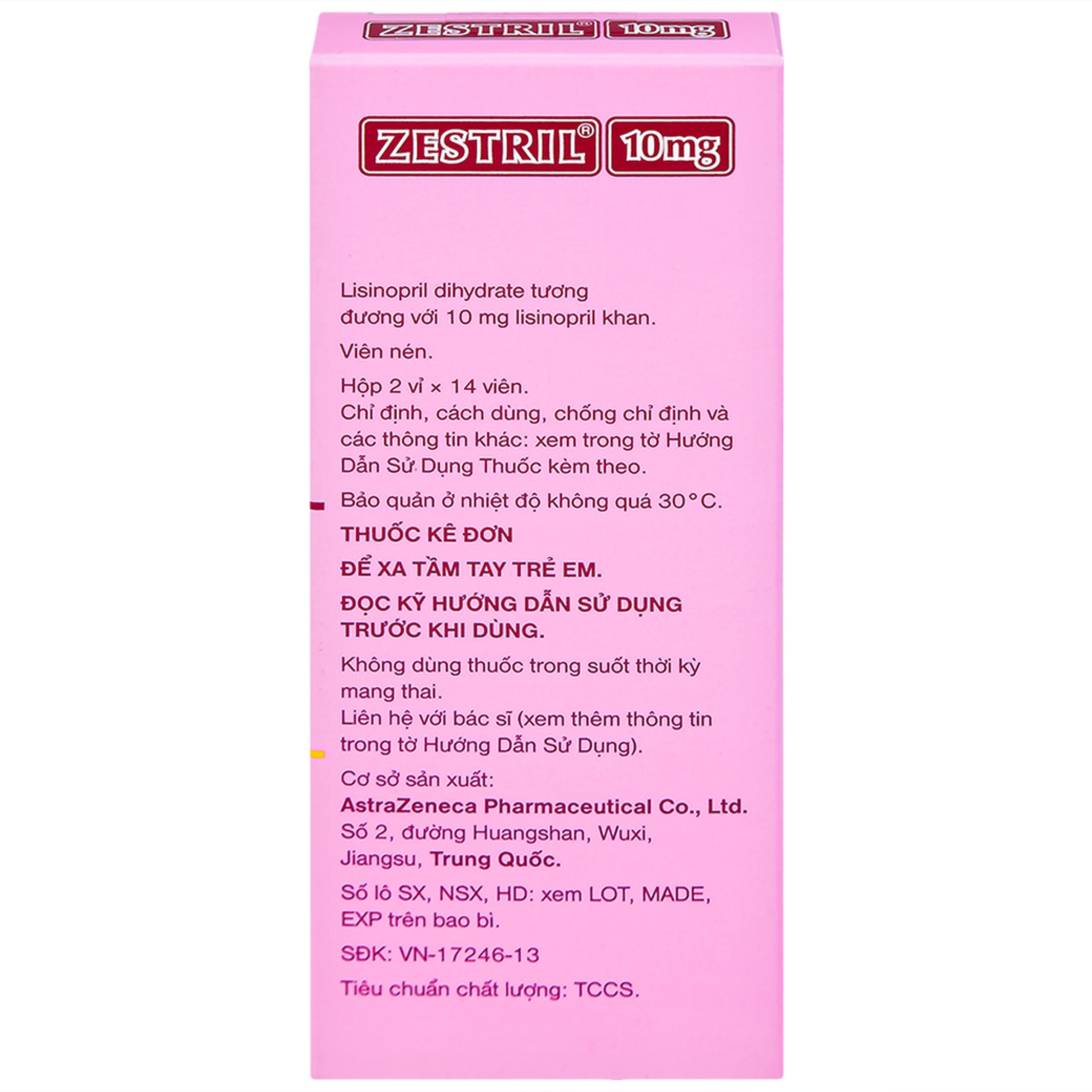 Thuốc Zestril 10mg AstraZeneca điều trị tăng huyết áp, suy tim (2 vỉ x 14 viên)