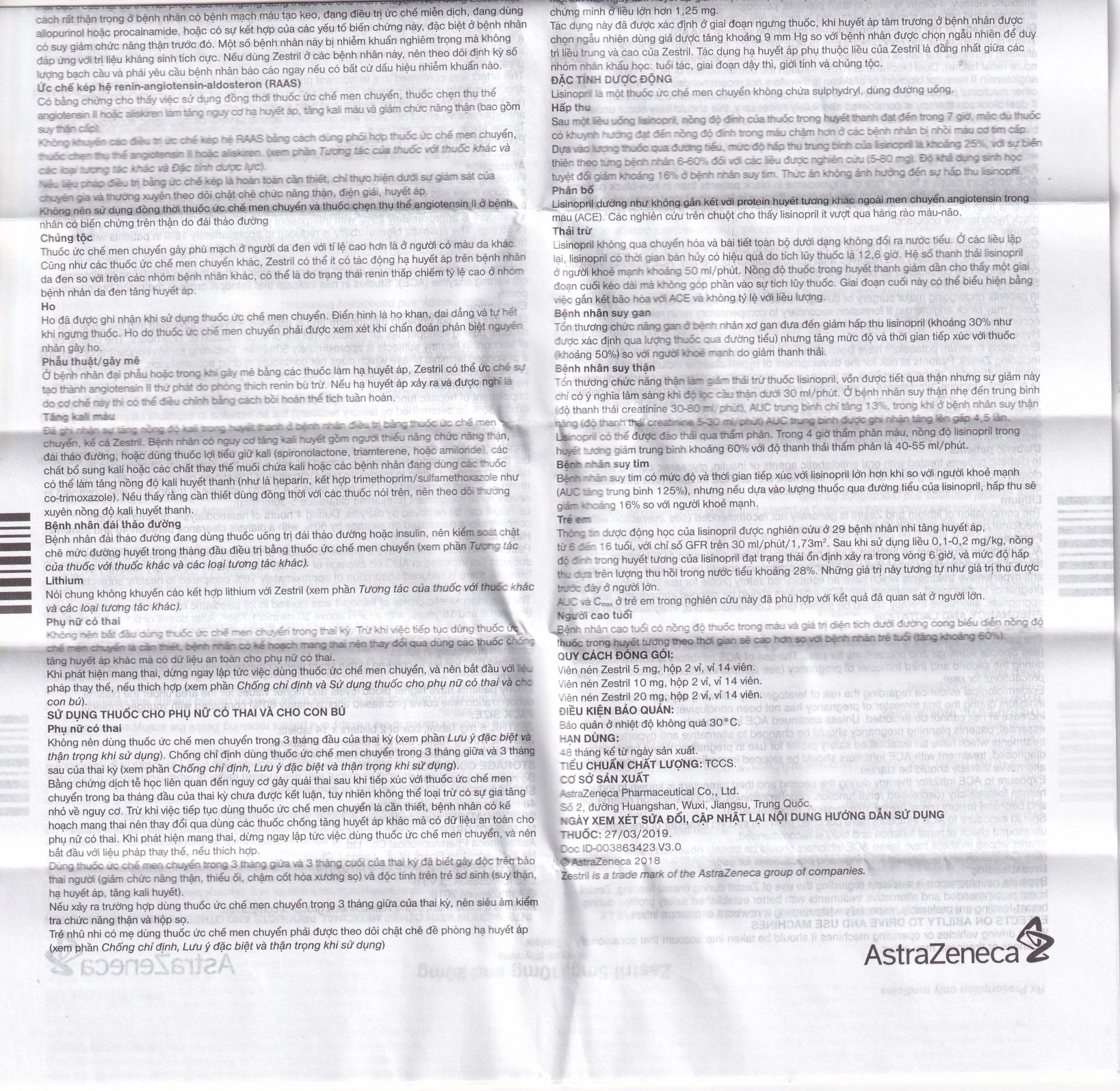 Thuốc Zestril 20mg AstraZeneca điều trị tăng huyết áp, suy tim (2 vỉ x 14 viên)