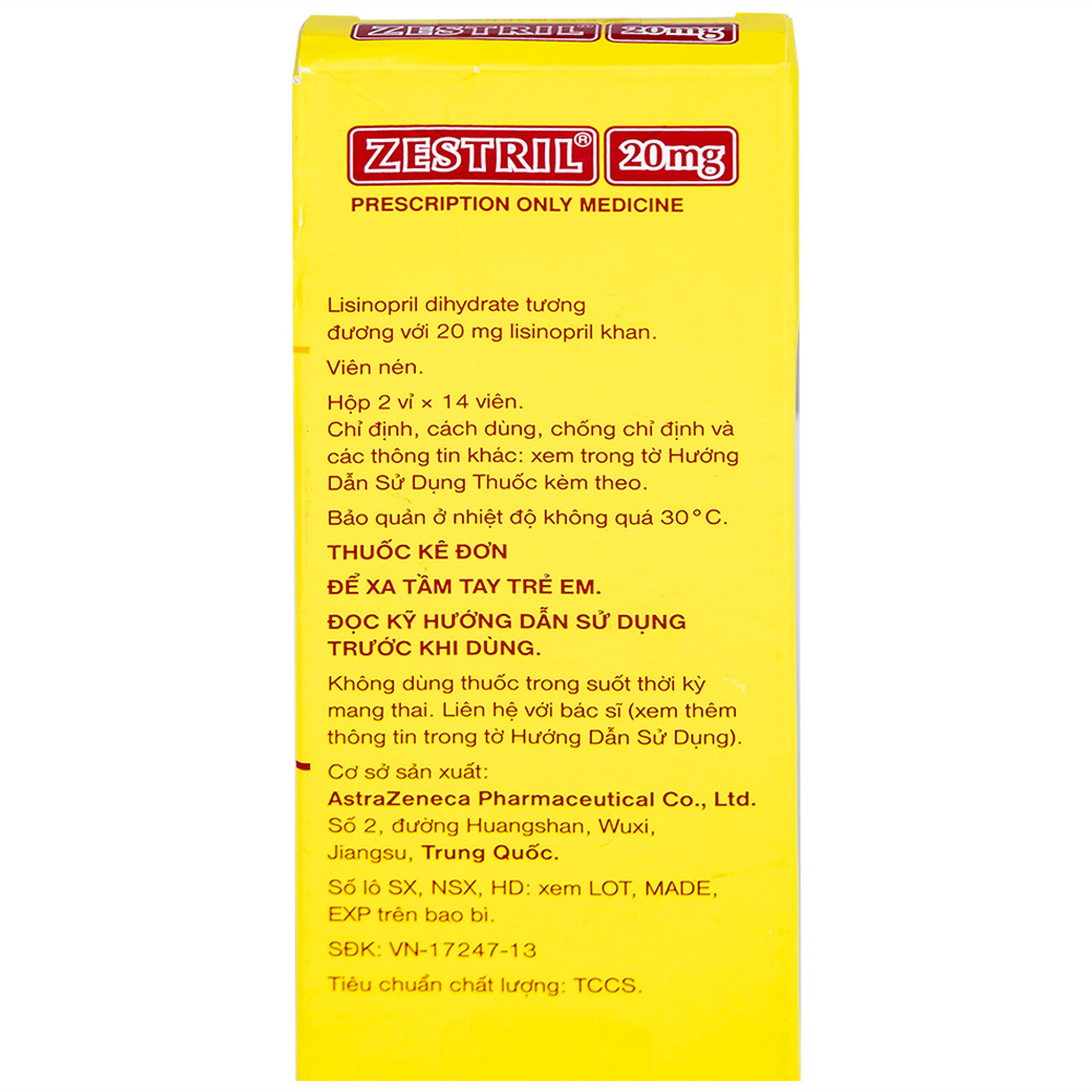 Thuốc Zestril 20mg AstraZeneca điều trị tăng huyết áp, suy tim (2 vỉ x 14 viên)