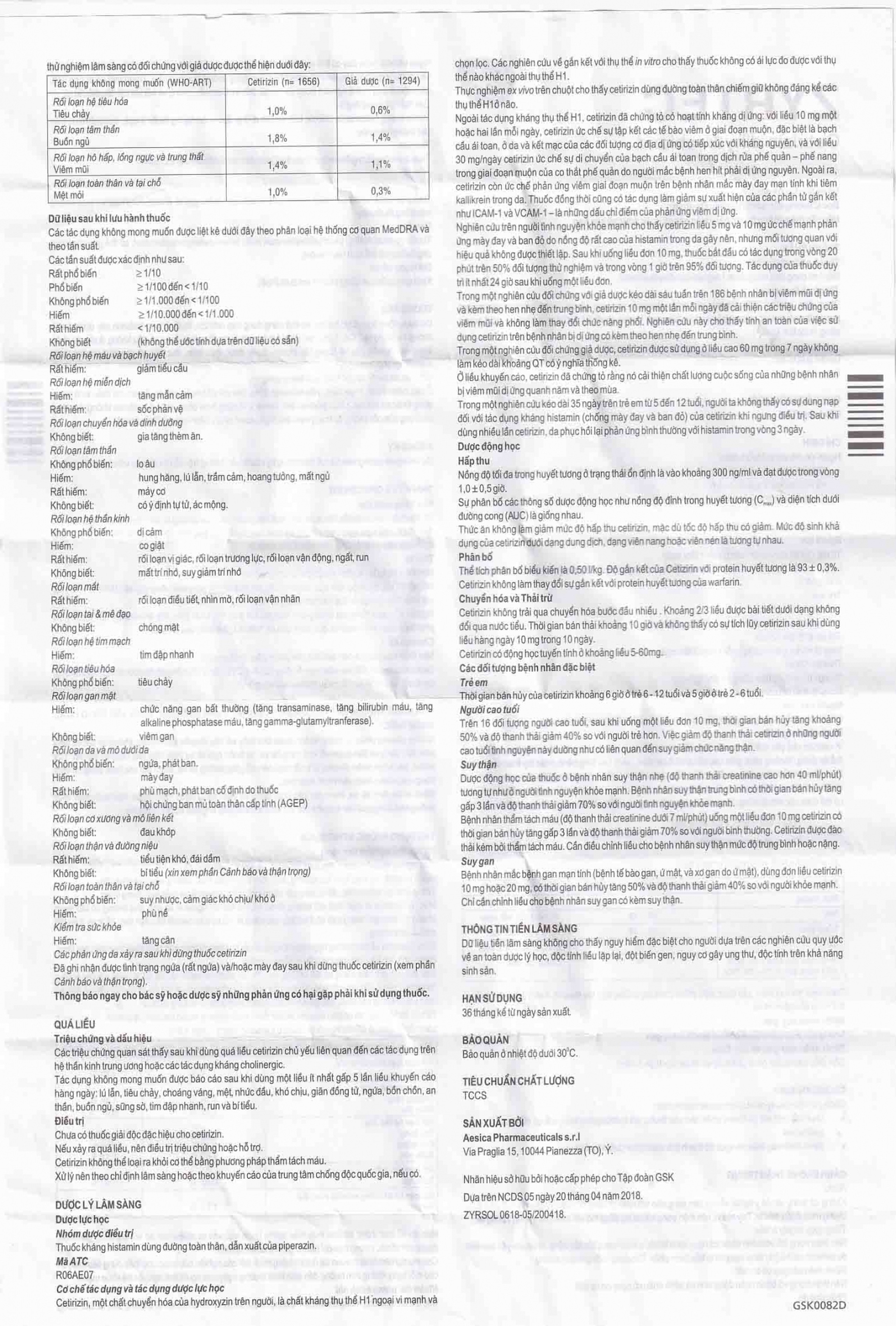 Dung dịch uống Zyrtec GSK giảm viêm mũi dị ứng, mày đay tự phát, mạn tính (60ml)