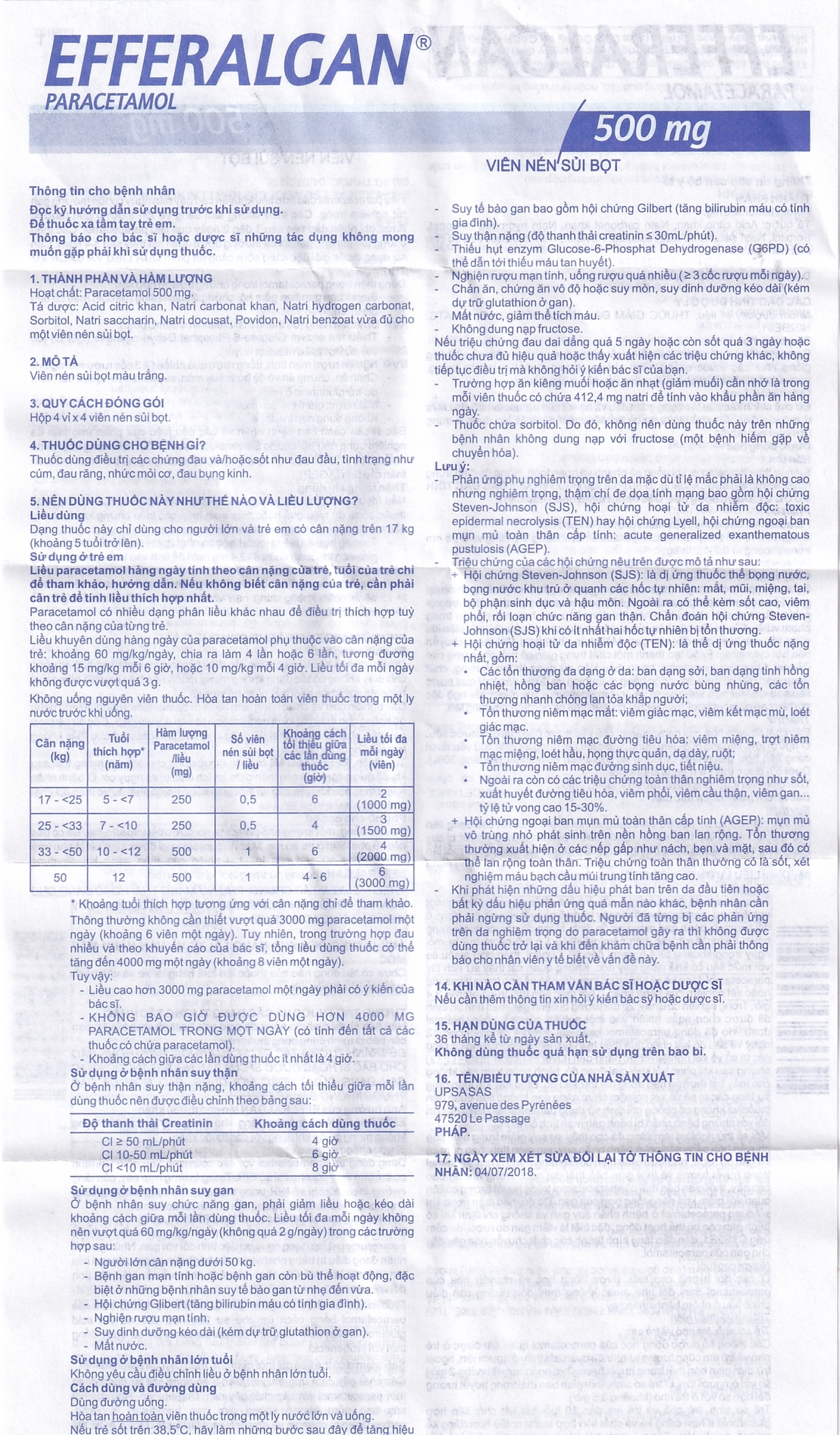 Viên sủi Efferalgan 500mg UPSA SAS giảm đau, hạ sốt (4 vỉ x 4 viên)