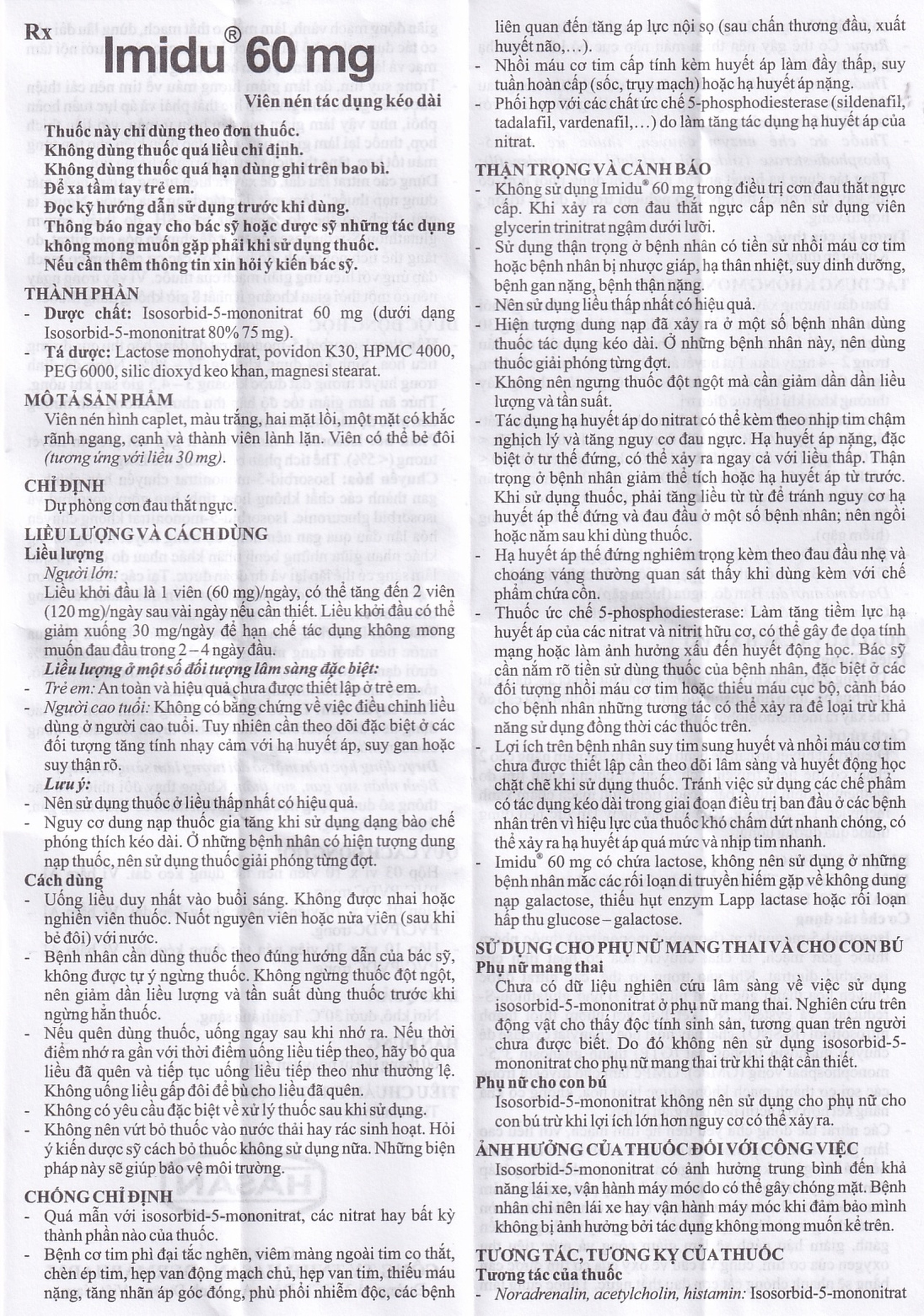 Thuốc Imidu 60mg Hasan điều trị dự phòng cơn đau thắt ngực (3 vỉ x 10 viên)