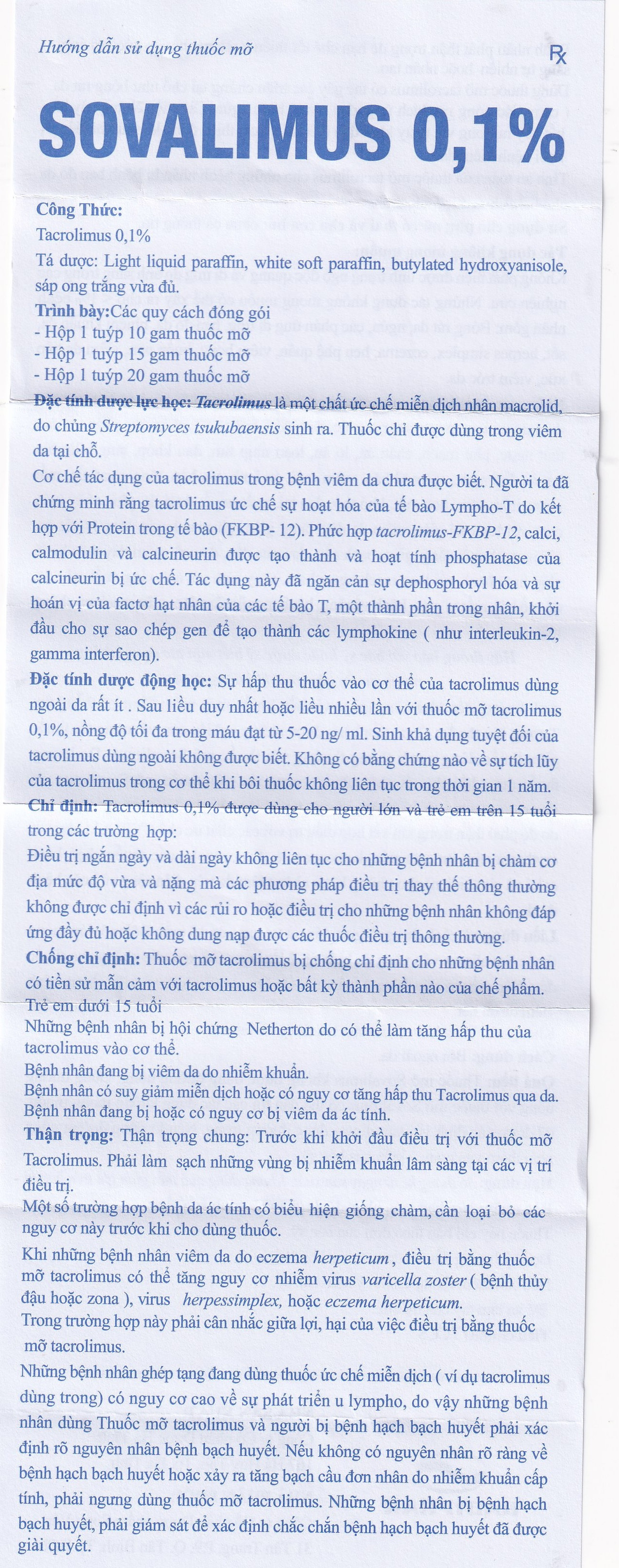 Thuốc mỡ Sovalimus 0.1% Hadiphar  điều trị chàm cơ địa (10g)