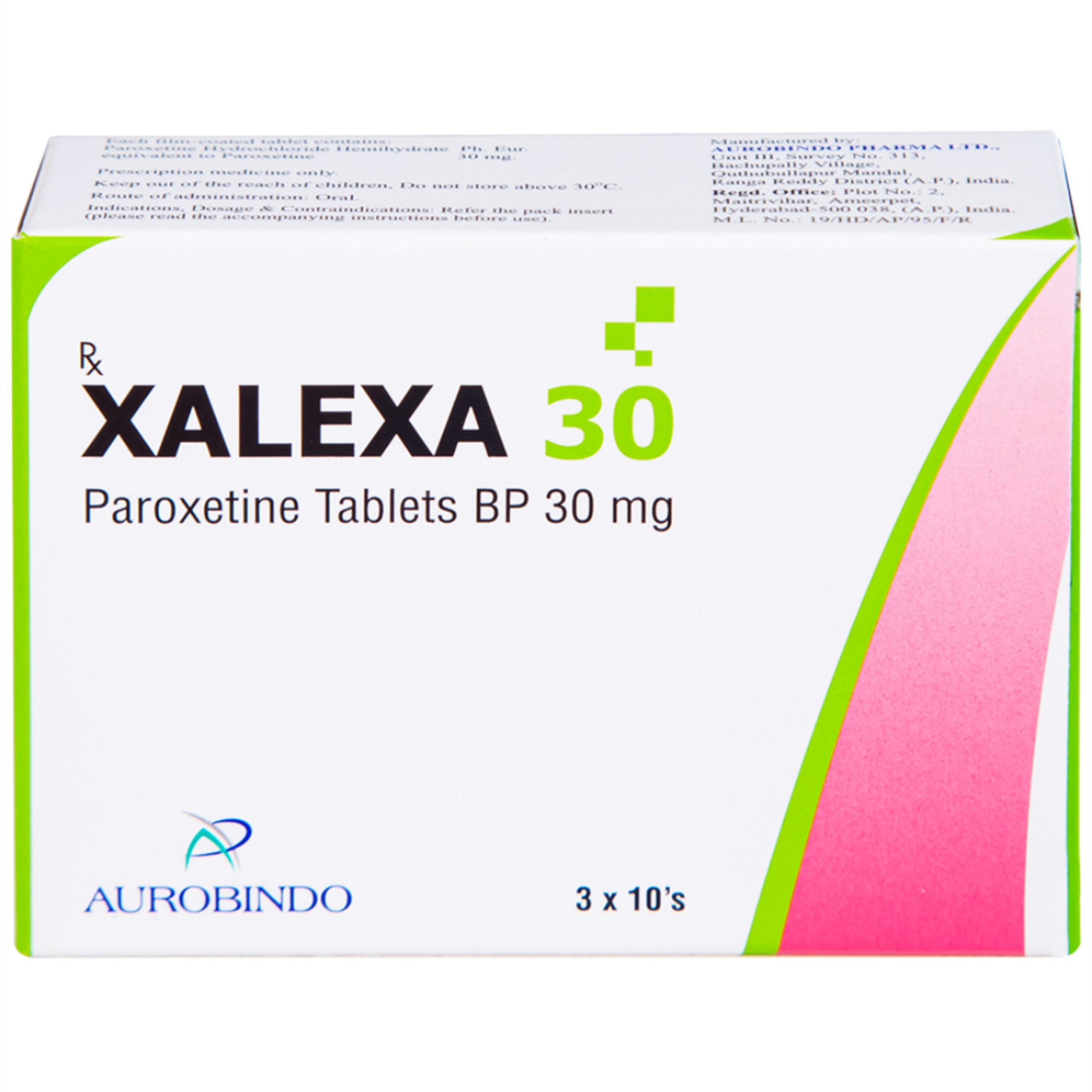Thuốc Xalexa 30 Aurobindo điều trị các cơn trầm cảm lớn (3 vỉ x 10 viên) 