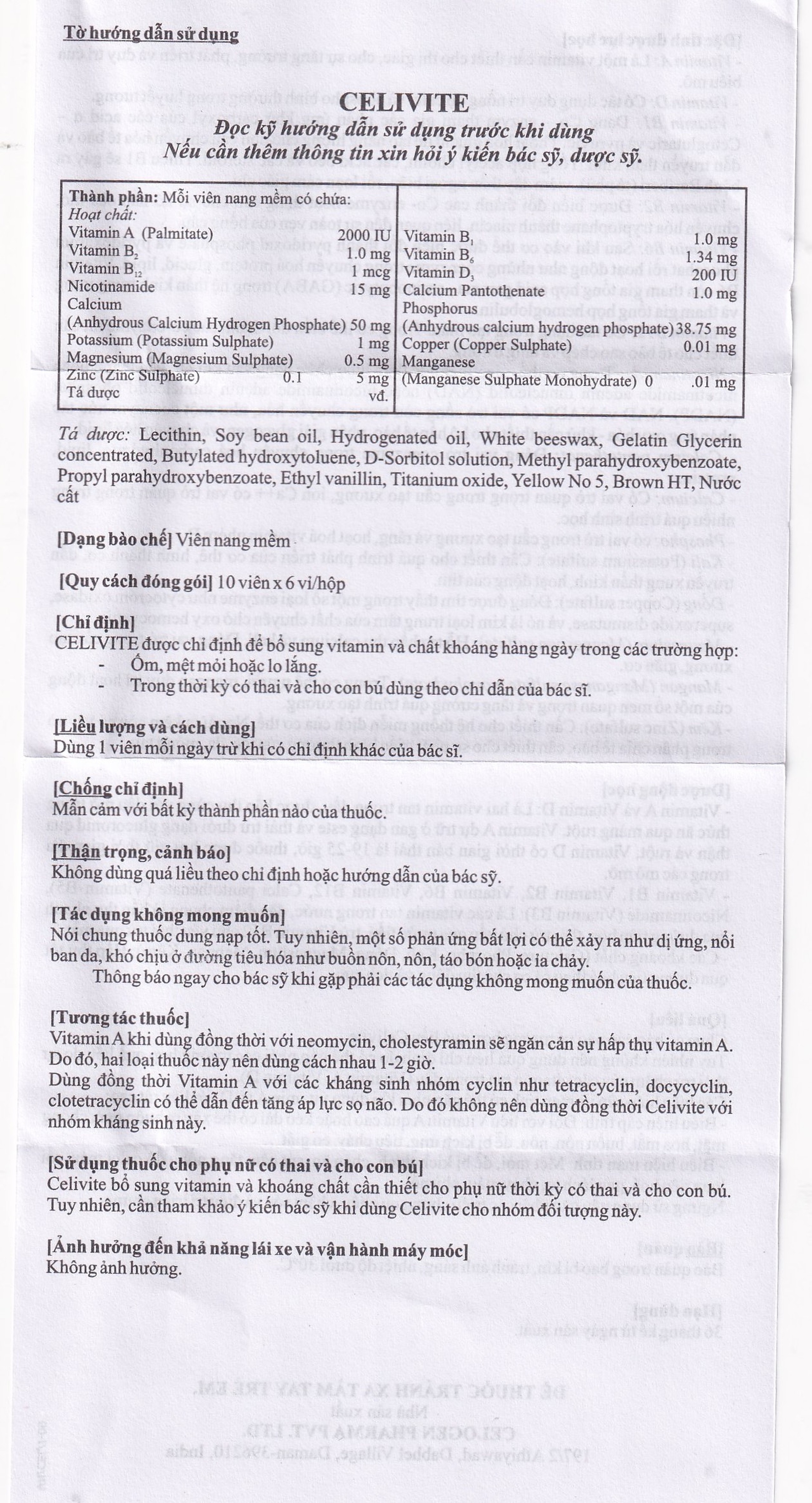 Thuốc Celivite Celogen Pharma bổ sung vitamin và khoáng chất (6 vỉ x 10 viên)