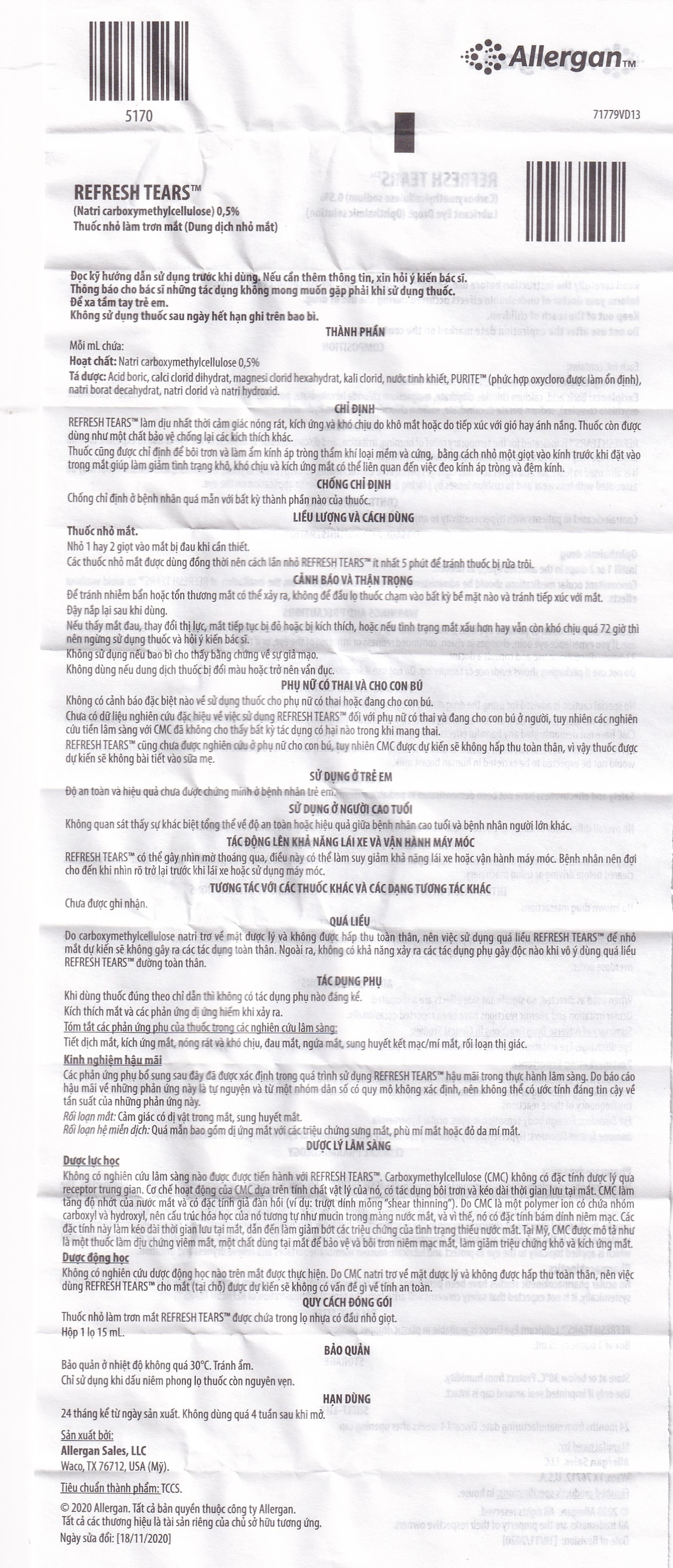 Thuốc nhỏ mắt Refresh Tears Allergan giảm khô mắt, mắt đỏ (15ml)