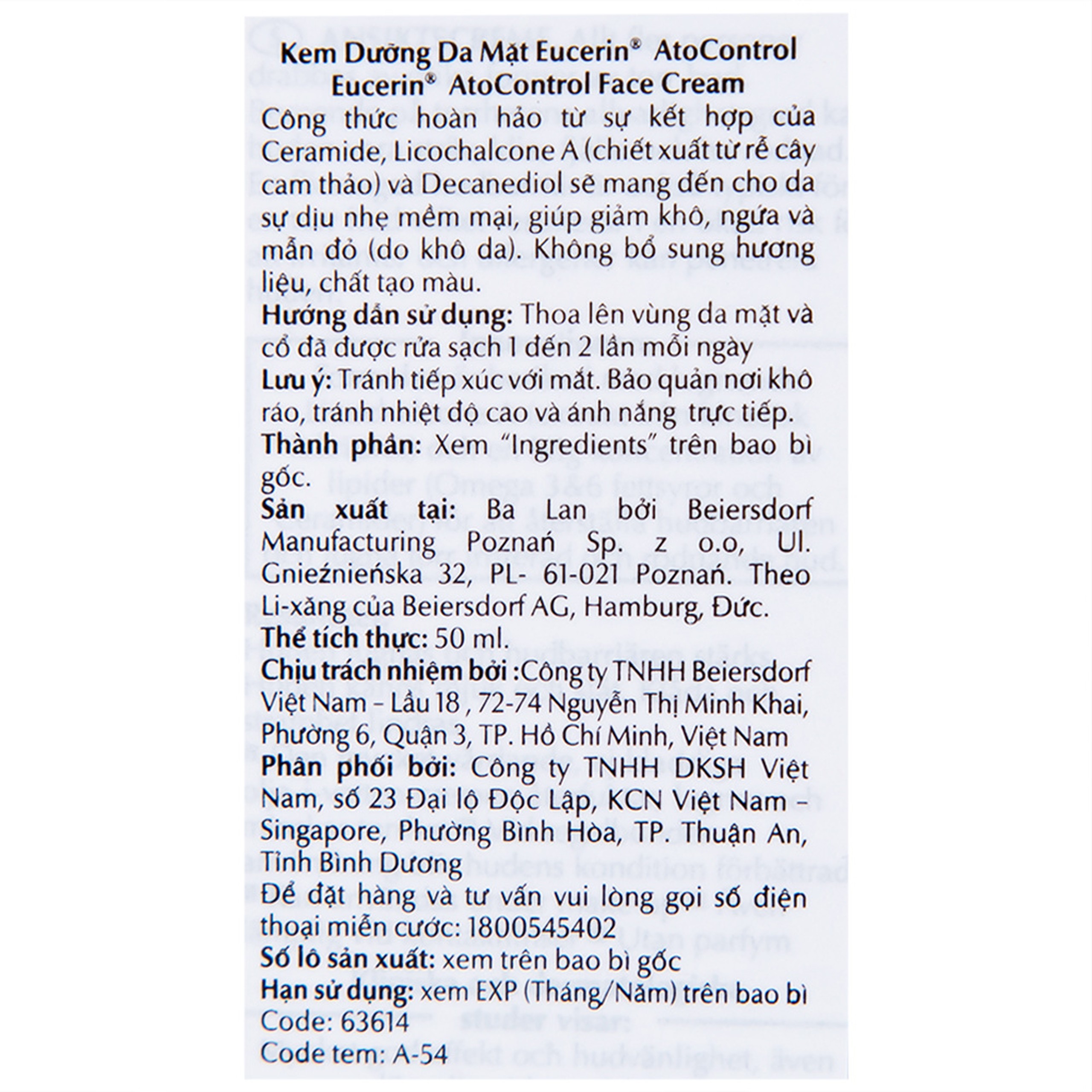 Kem dưỡng da mặt Eucerin AtoControl Face Cream giảm khô, ngứa và mẩn đỏ (50ml)