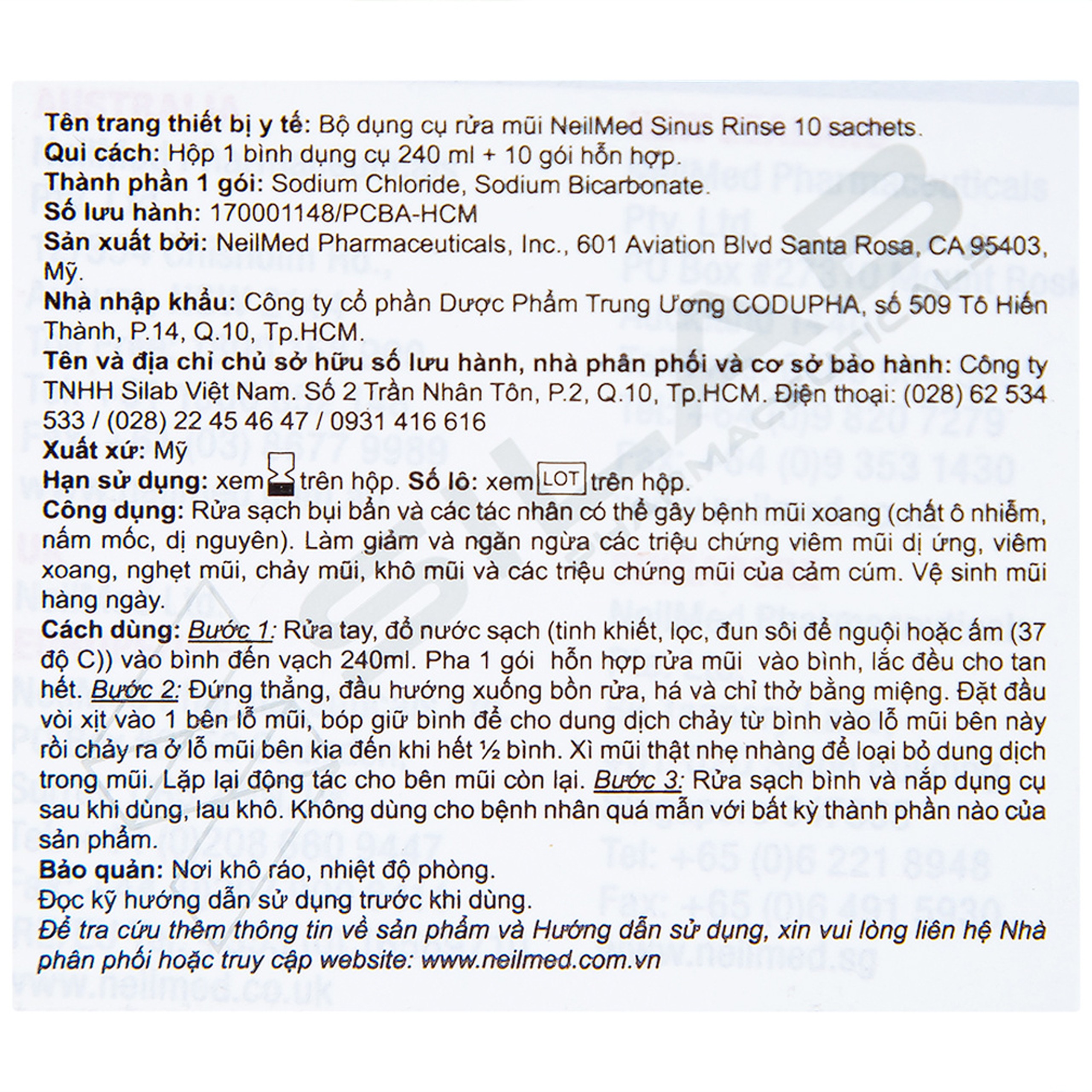Bộ rửa mũi Neilmed Sinus Rinse (1 bình + 10 gói) làm sạch và ngăn ngừa viêm xoang, viêm mũi dị ứng