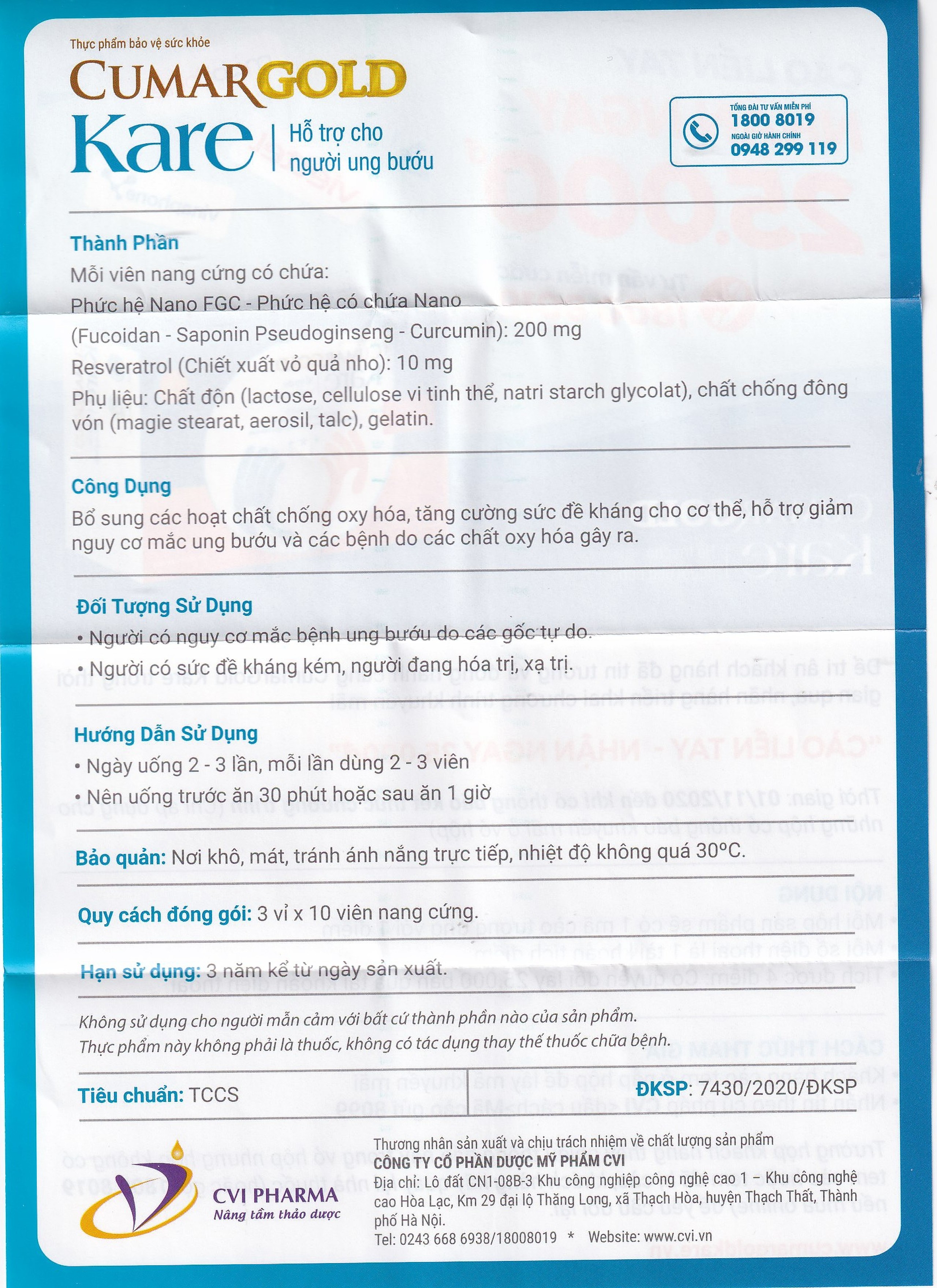 Viên uống CumarGold Kare CVI Pharma hỗ trợ giảm nguy cơ mắc ung bướu (3 vỉ x 10 viên)