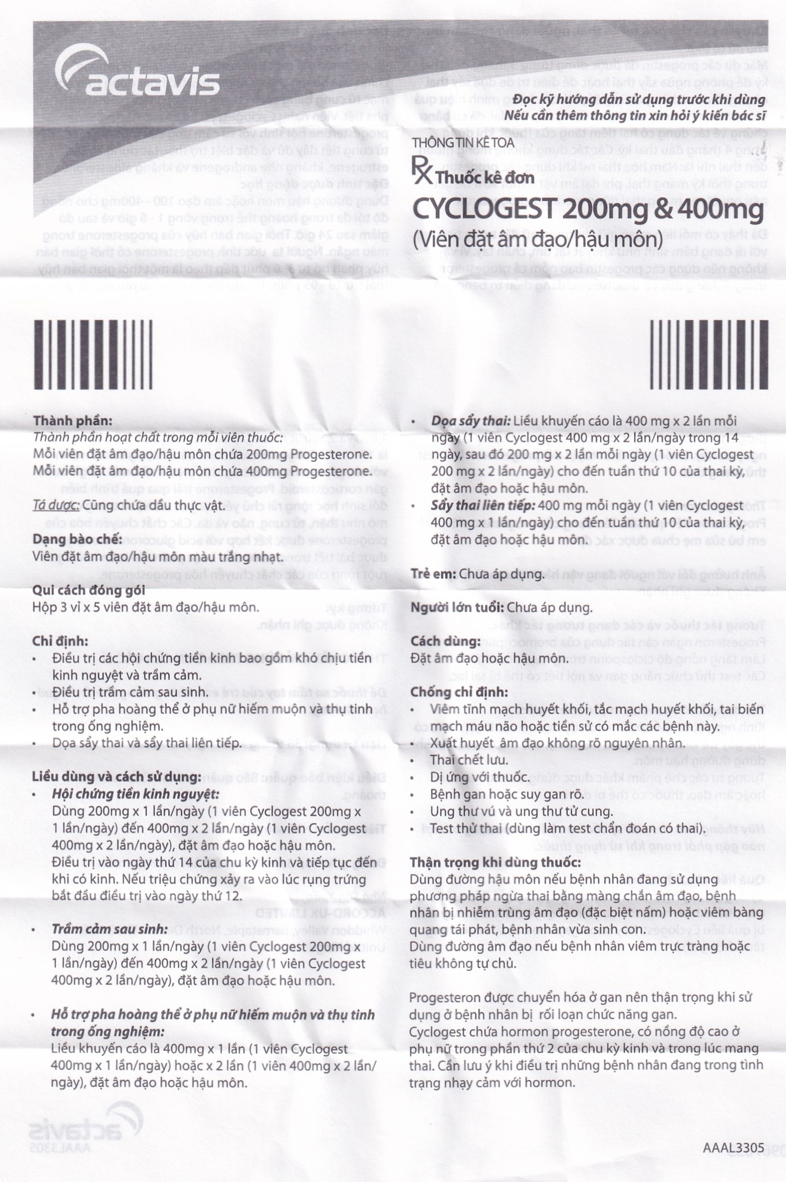 Viên đặt Cyclogest 400mg Actavis điều trị các hội chứng tiền kinh, trầm cảm (3 vỉ x 5 viên)