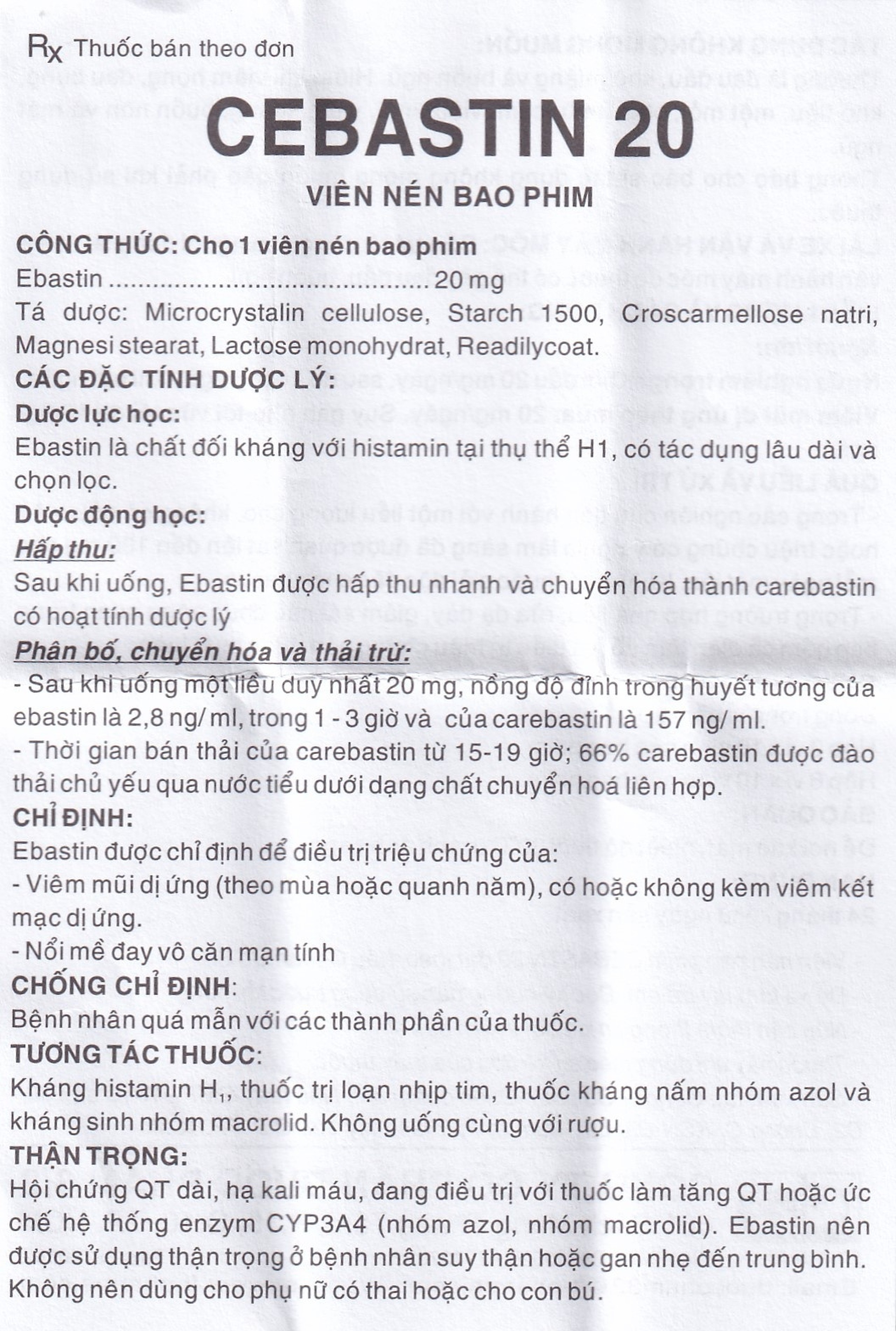 Thuốc Cebastin20 Dược 3-2 điều trị viêm mũi dị ứng, mày đay (3 vỉ x 10 viên) 