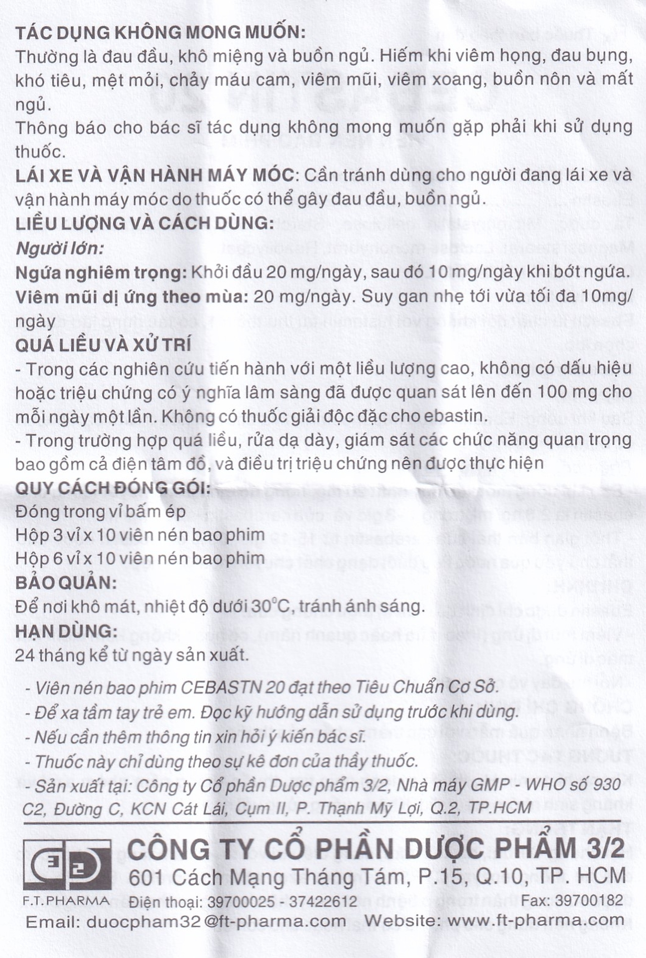 Thuốc Cebastin20 Dược 3-2 điều trị viêm mũi dị ứng, mày đay (3 vỉ x 10 viên) 