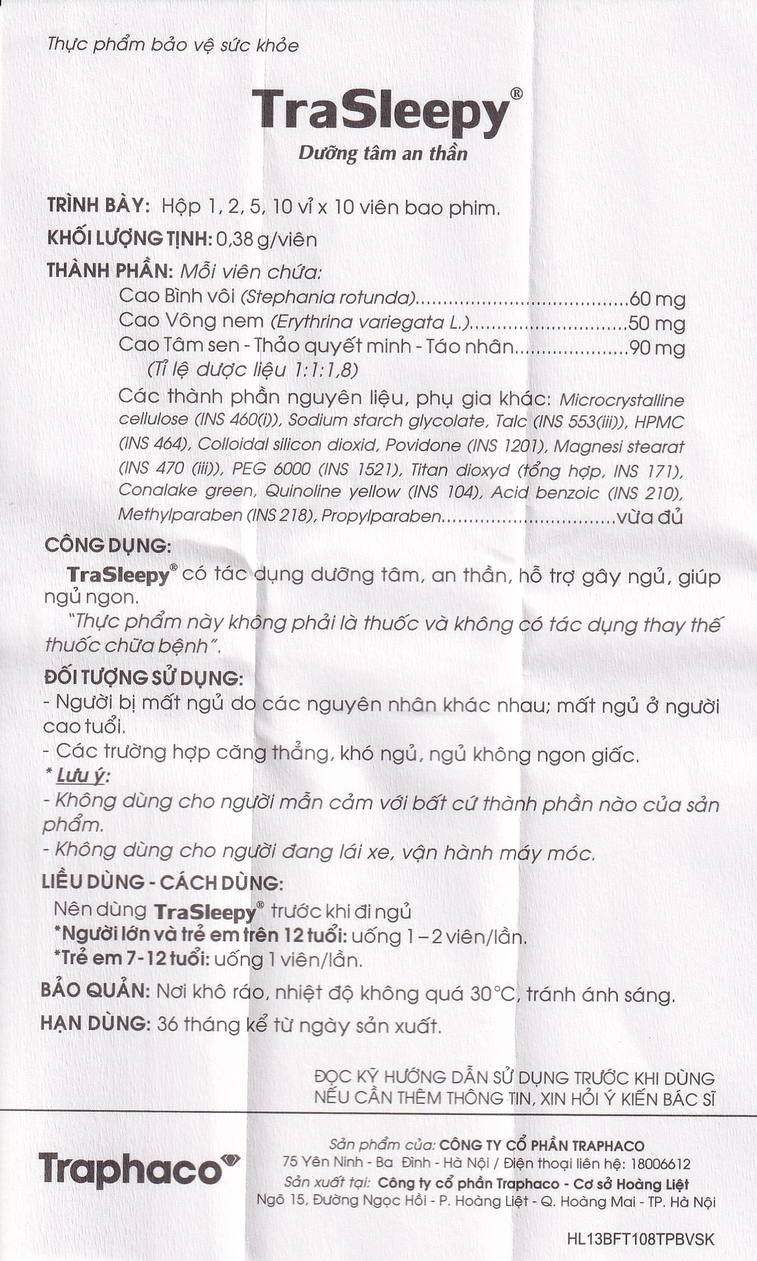 Viên uống TraSleepy Traphaco dưỡng tâm an thần, hỗ trợ gây ngủ, giúp ngủ ngon (2 vỉ x 10 viên)